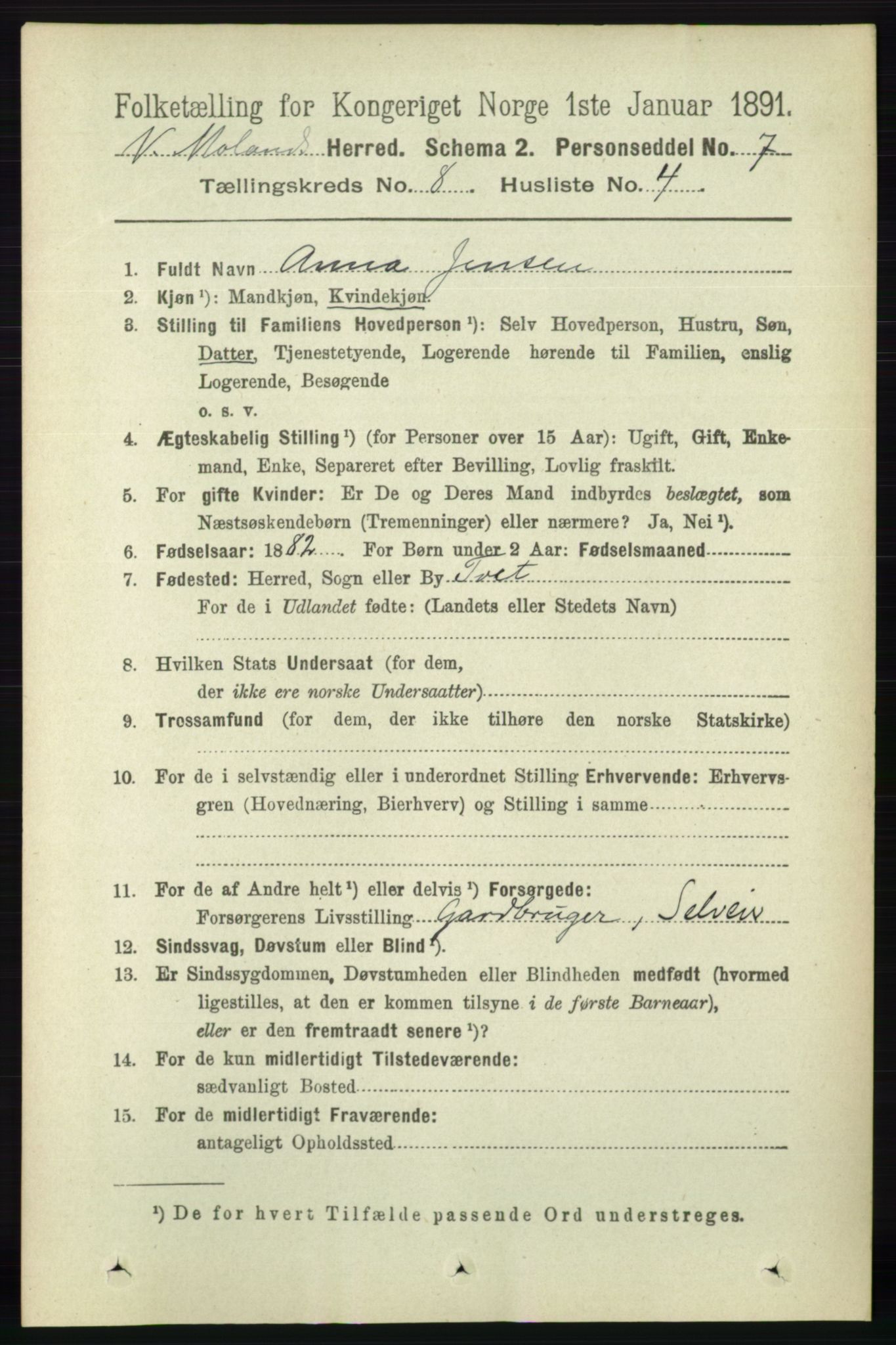RA, 1891 census for 0926 Vestre Moland, 1891, p. 3023