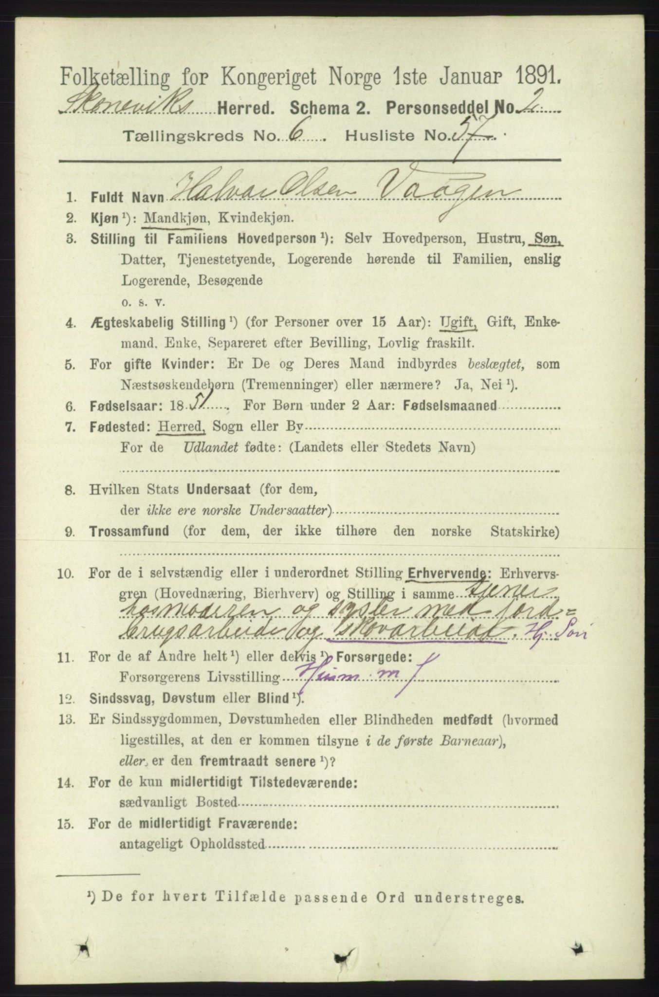 RA, 1891 census for 1212 Skånevik, 1891, p. 1833