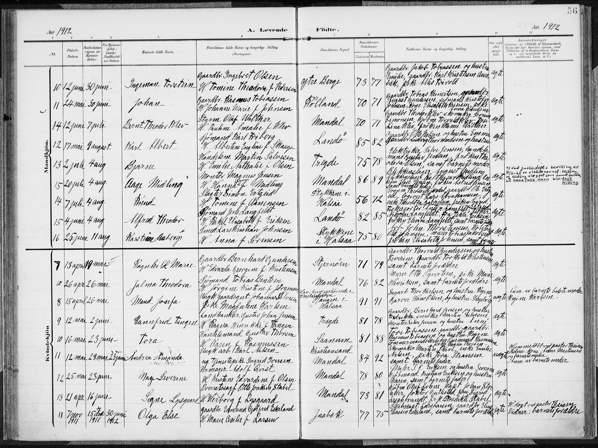 Mandal sokneprestkontor, AV/SAK-1111-0030/F/Fa/Faa/L0020: Parish register (official) no. A 20, 1906-1912, p. 56