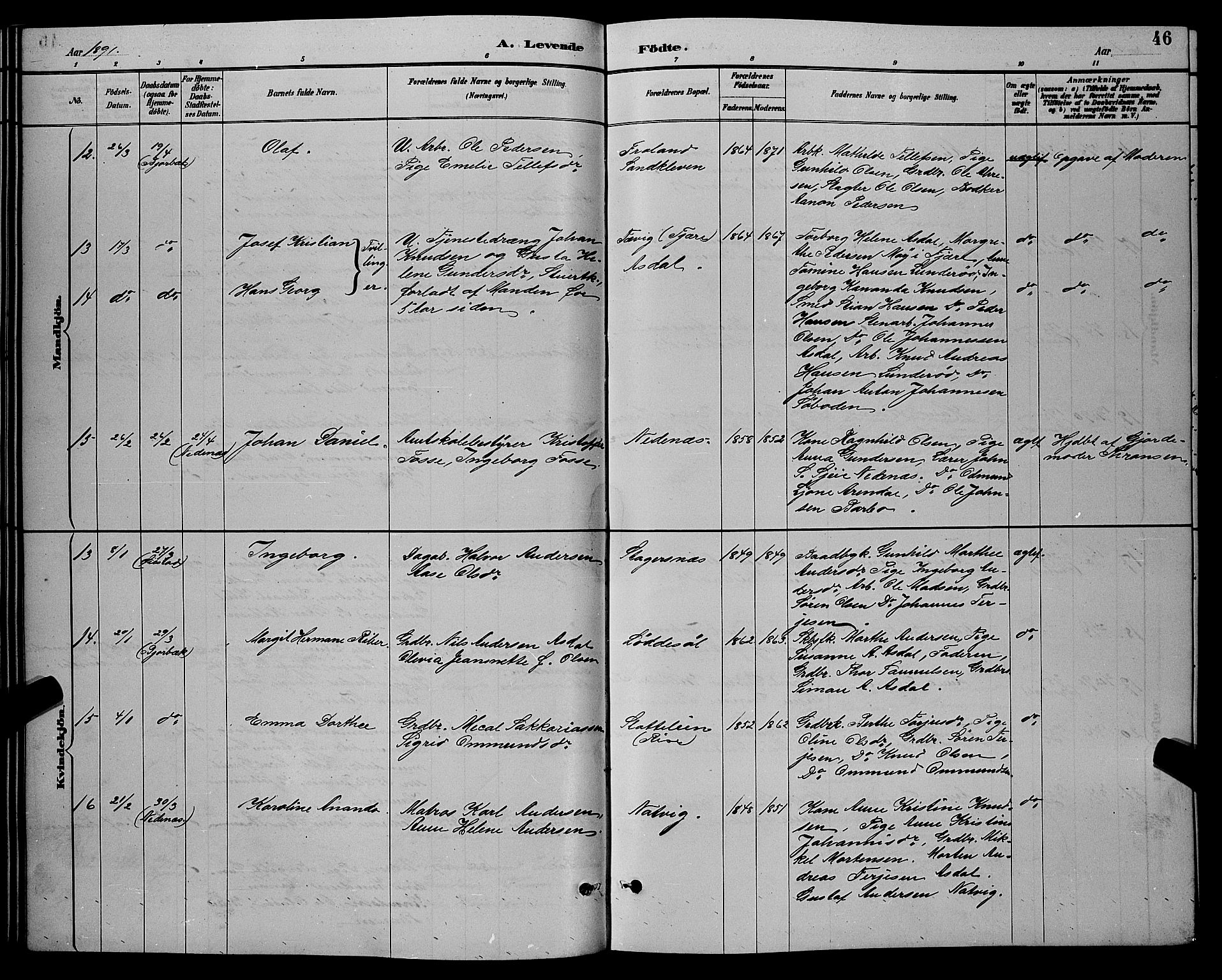 Øyestad sokneprestkontor, AV/SAK-1111-0049/F/Fb/L0009: Parish register (copy) no. B 9, 1886-1896, p. 46