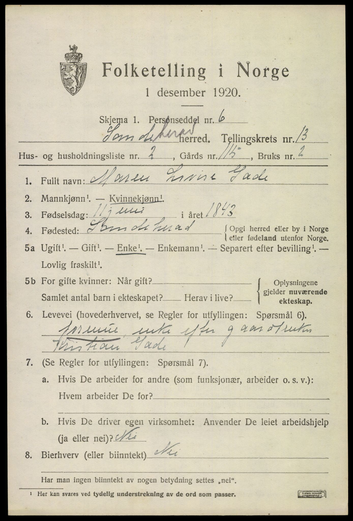 SAKO, 1920 census for Sandeherred, 1920, p. 19122