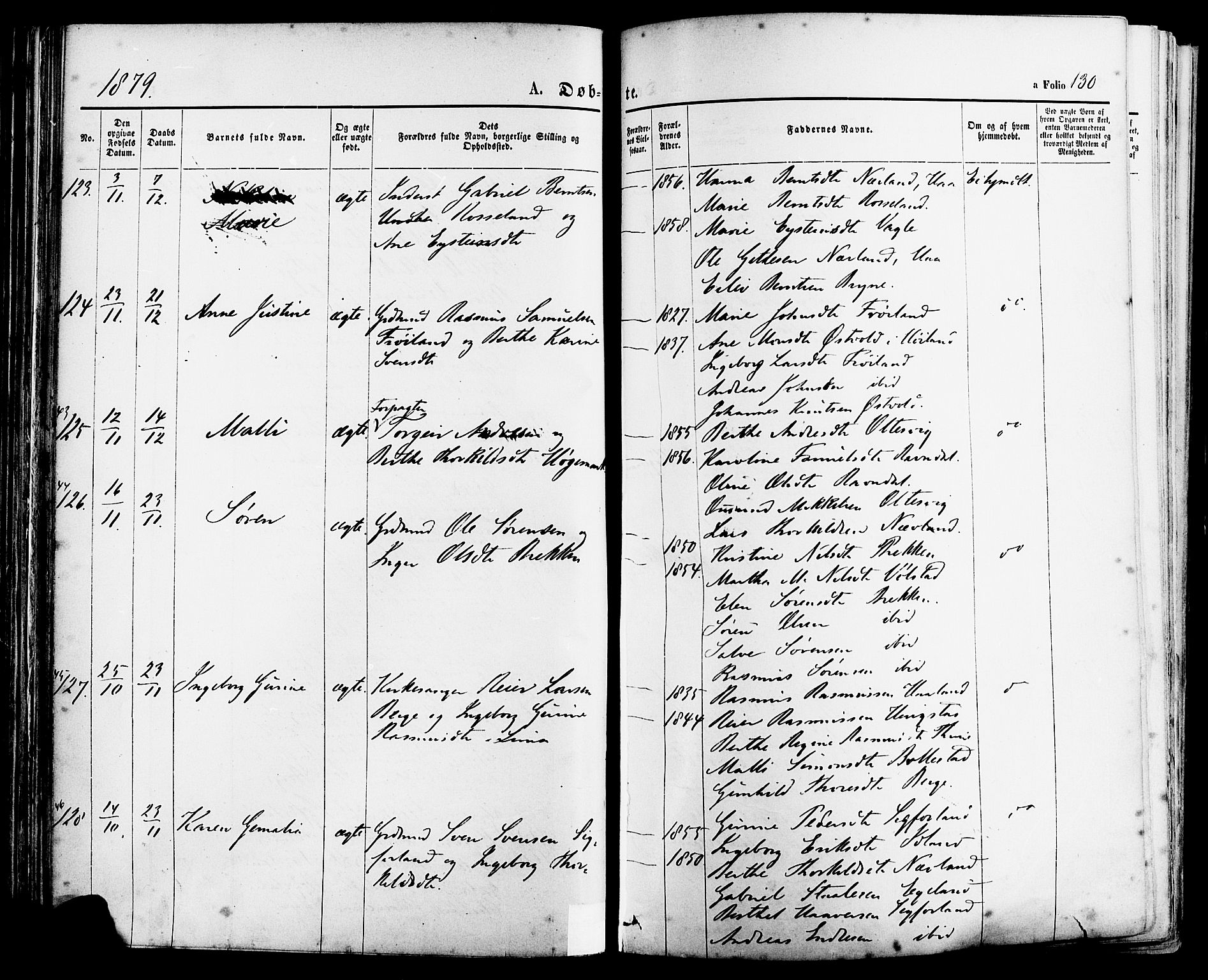 Lye sokneprestkontor, AV/SAST-A-101794/001/30BA/L0008: Parish register (official) no. A 7, 1872-1881, p. 130