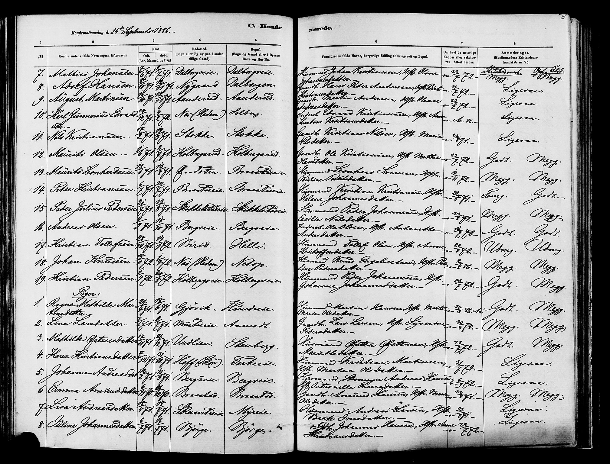 Vardal prestekontor, SAH/PREST-100/H/Ha/Haa/L0009: Parish register (official) no. 9, 1878-1892, p. 111