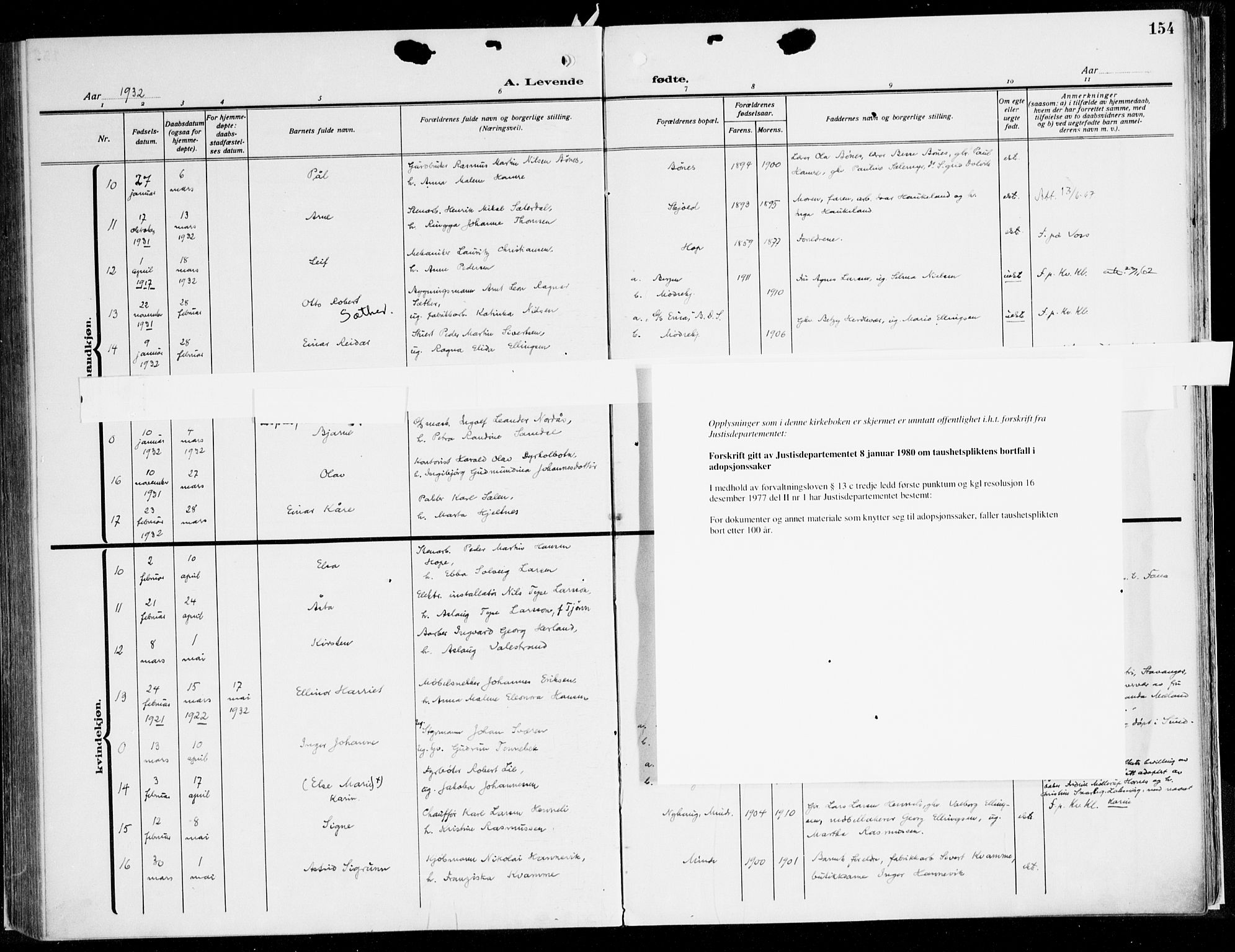 Fana Sokneprestembete, AV/SAB-A-75101/H/Haa/Haaj/L0001: Parish register (official) no. J 1, 1921-1935, p. 154