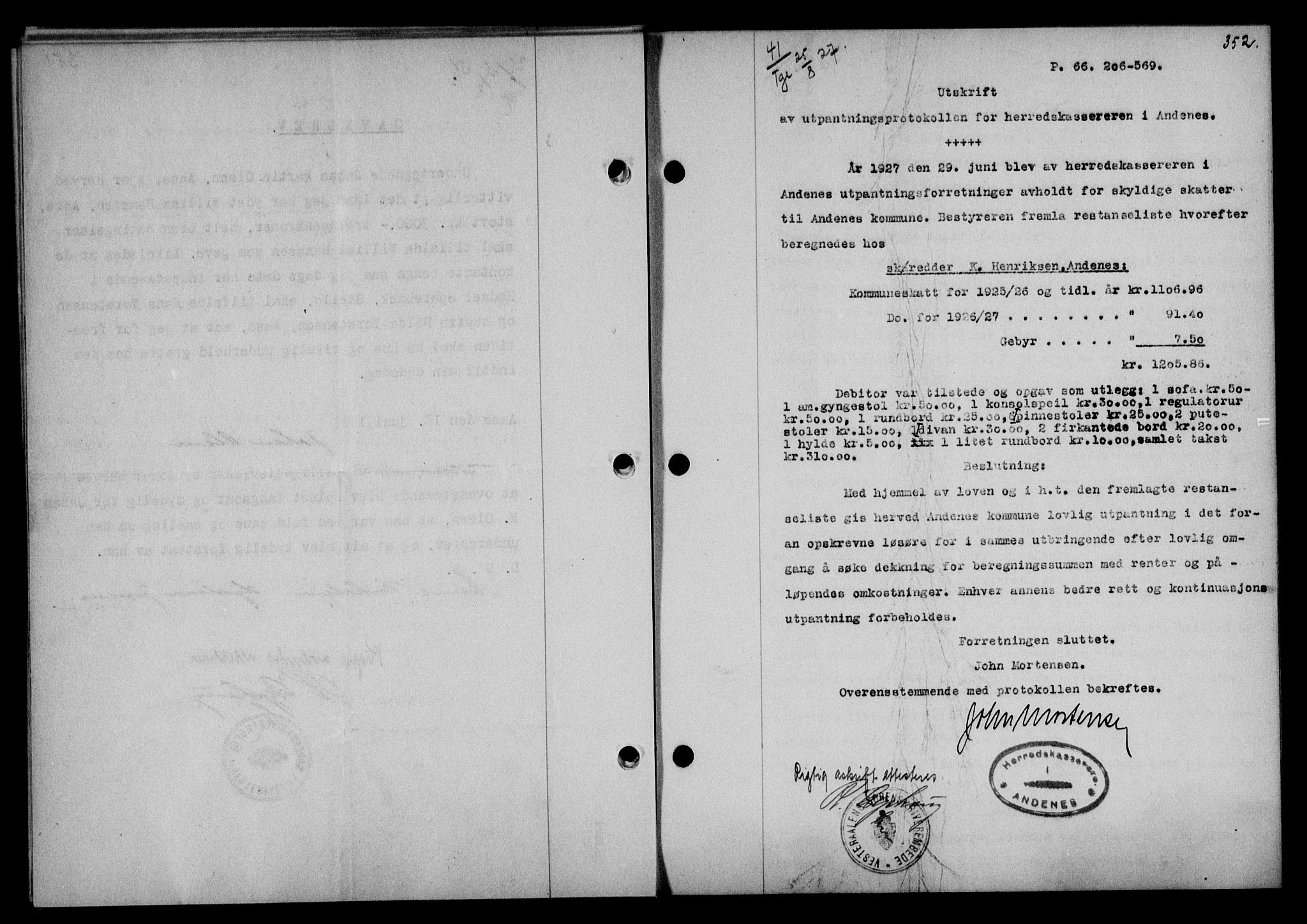 Vesterålen sorenskriveri, SAT/A-4180/1/2/2Ca/L0044: Mortgage book no. 37, 1927-1927, Deed date: 25.08.1927