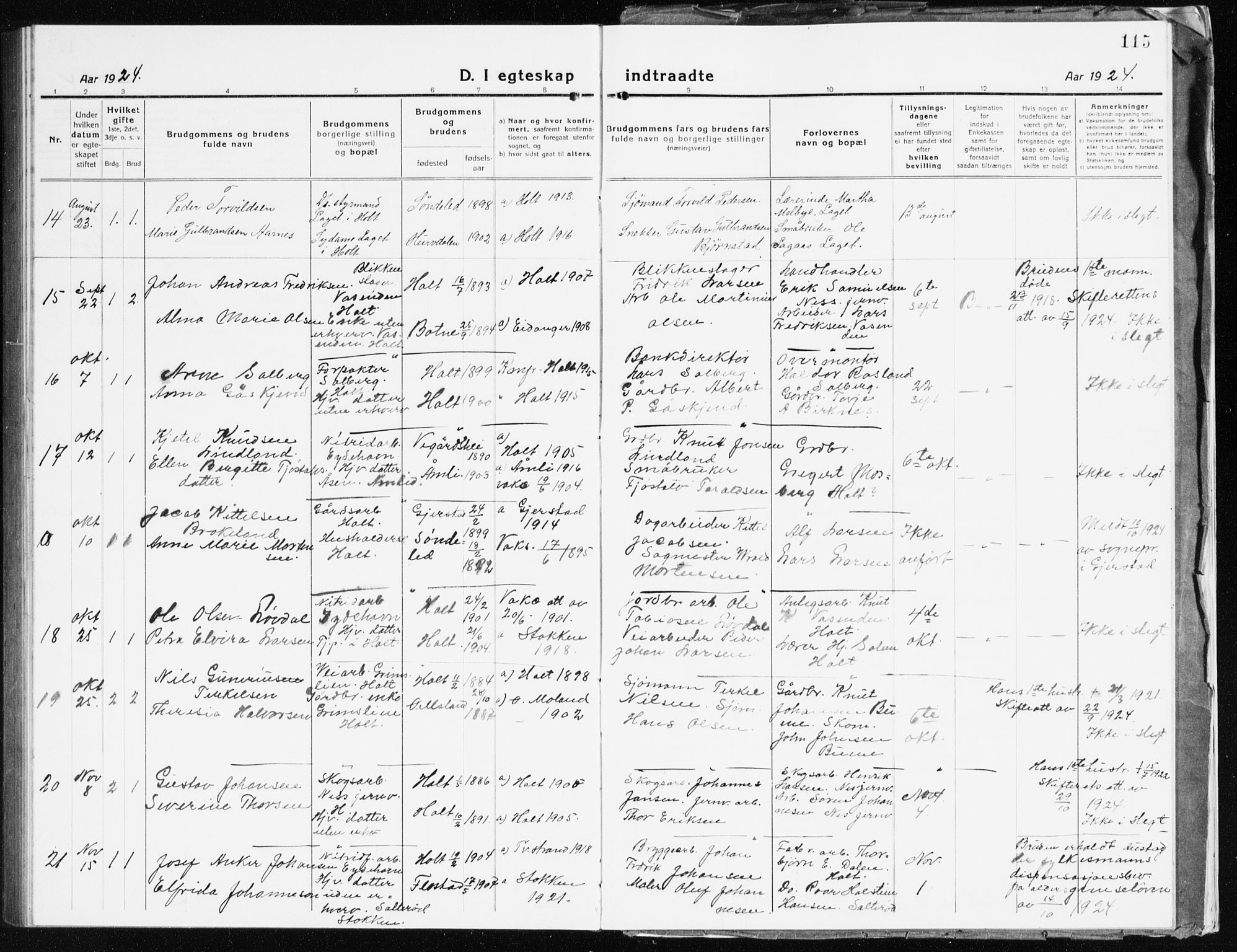 Holt sokneprestkontor, AV/SAK-1111-0021/F/Fb/L0012: Parish register (copy) no. B 12, 1919-1944, p. 115