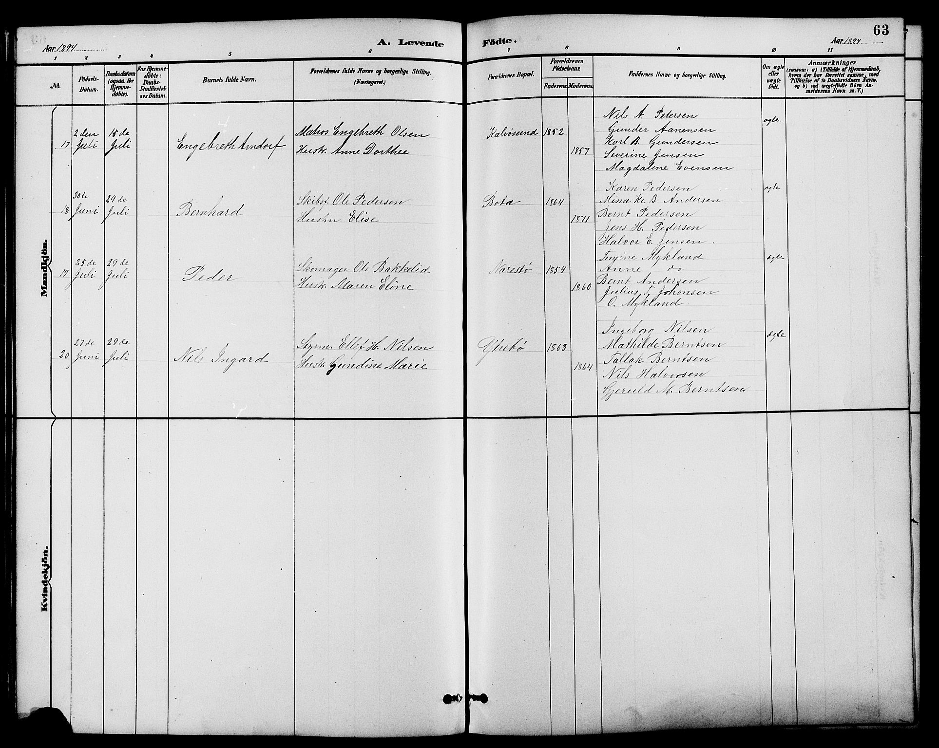 Dypvåg sokneprestkontor, AV/SAK-1111-0007/F/Fb/Fbb/L0004: Parish register (copy) no. B 4, 1887-1905, p. 63