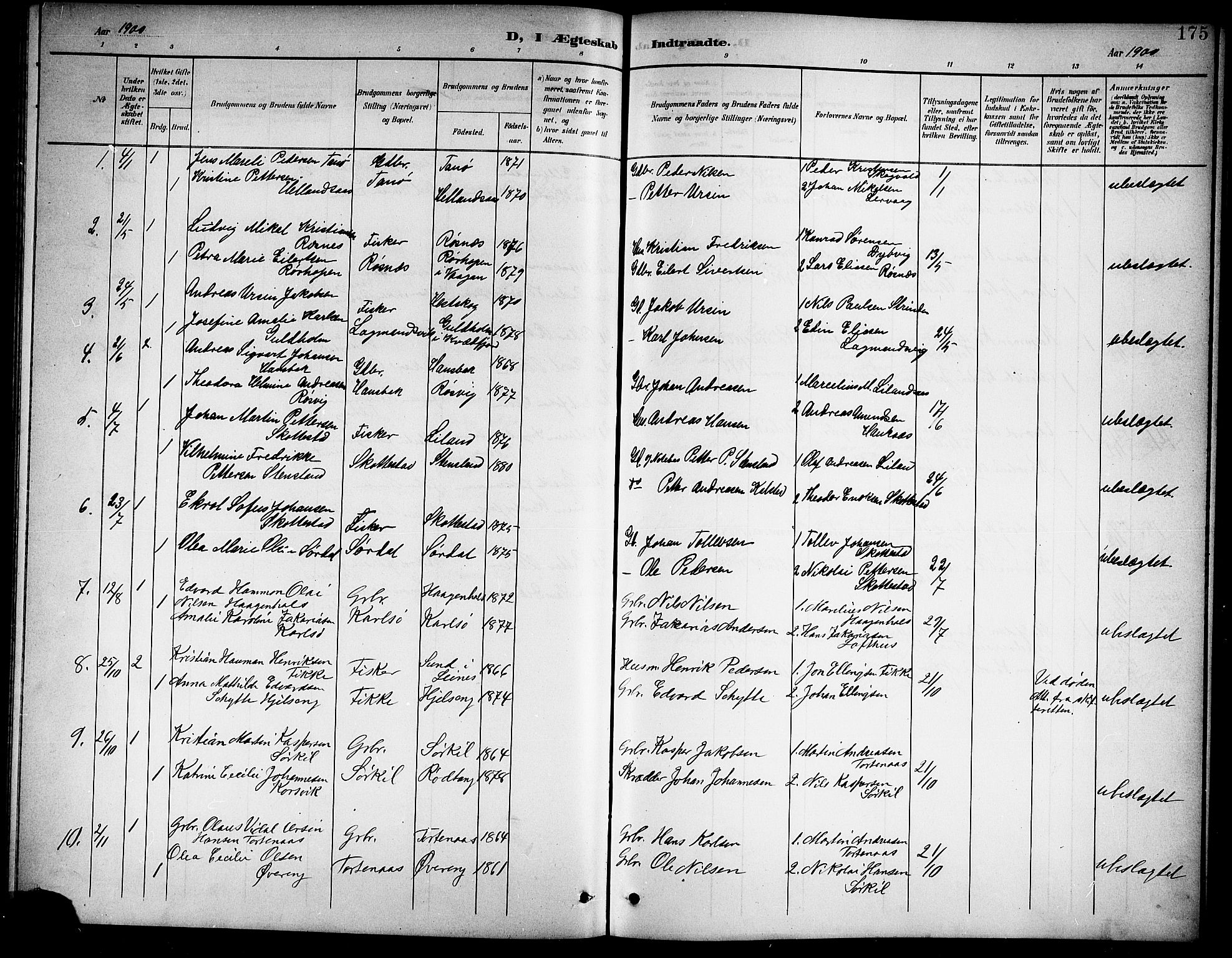 Ministerialprotokoller, klokkerbøker og fødselsregistre - Nordland, SAT/A-1459/859/L0860: Parish register (copy) no. 859C06, 1899-1909, p. 175