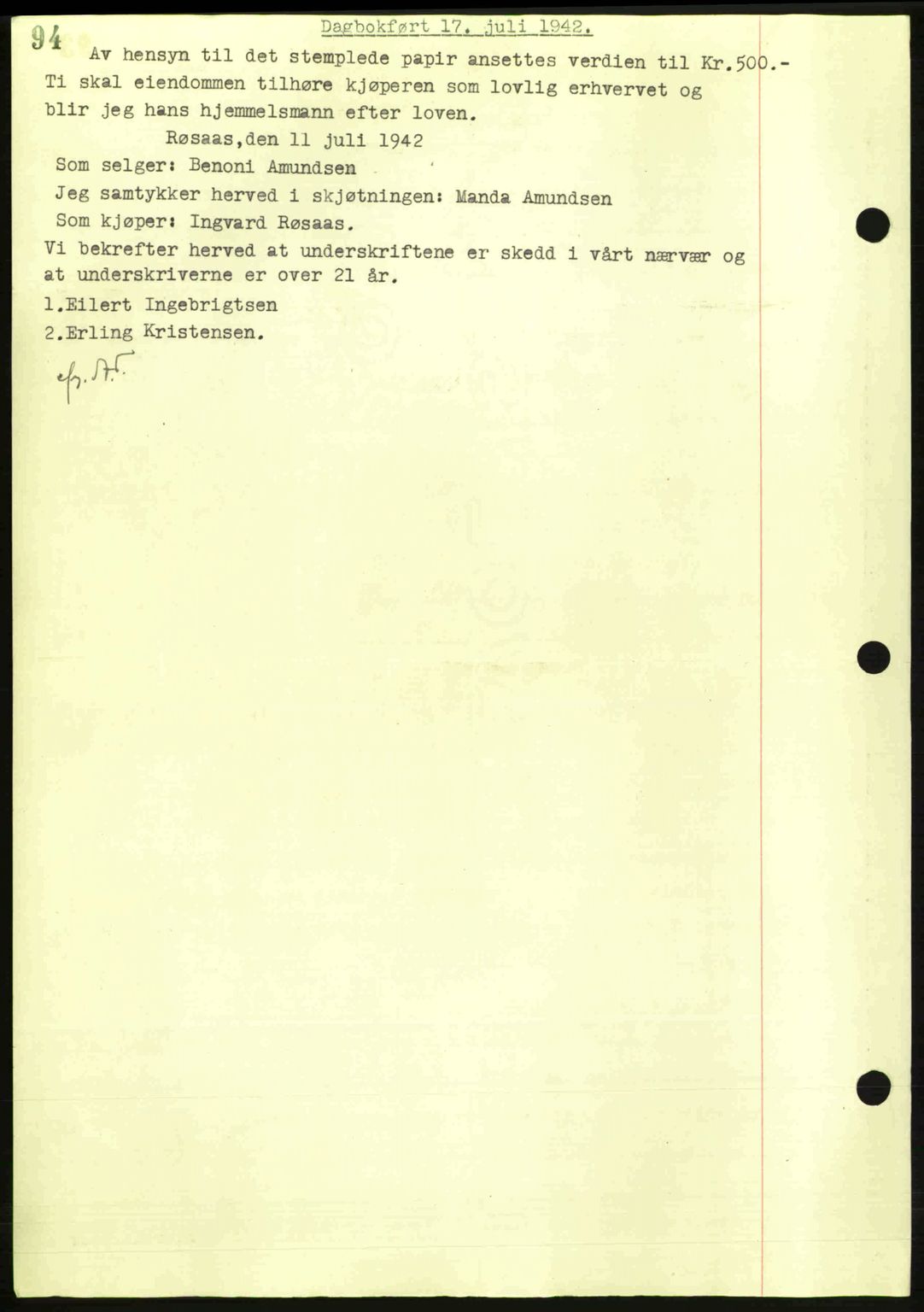 Steigen og Ofoten sorenskriveri, AV/SAT-A-0030/1/2/2C: Mortgage book no. A9-12, 1942-1946, Diary no: : 1593/1942