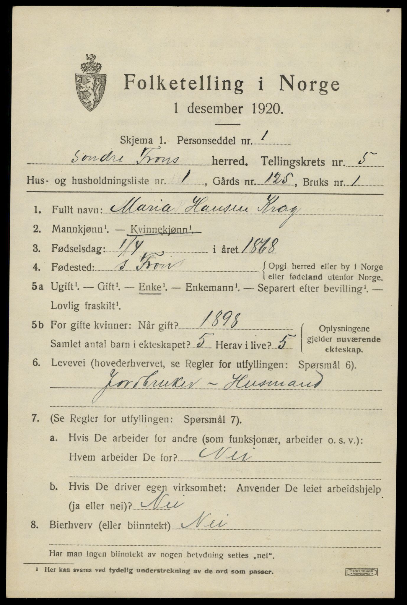 SAH, 1920 census for Sør-Fron, 1920, p. 5363
