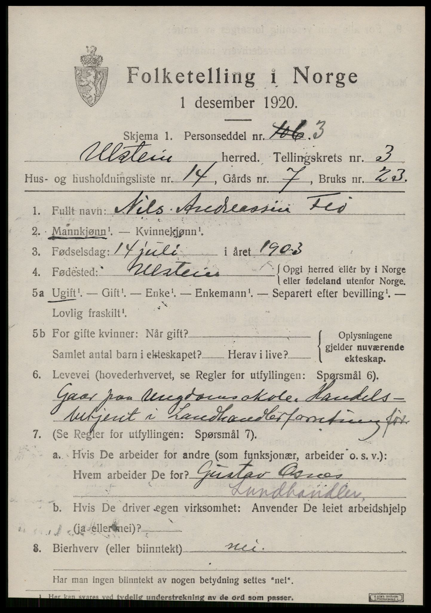 SAT, 1920 census for Ulstein, 1920, p. 1832