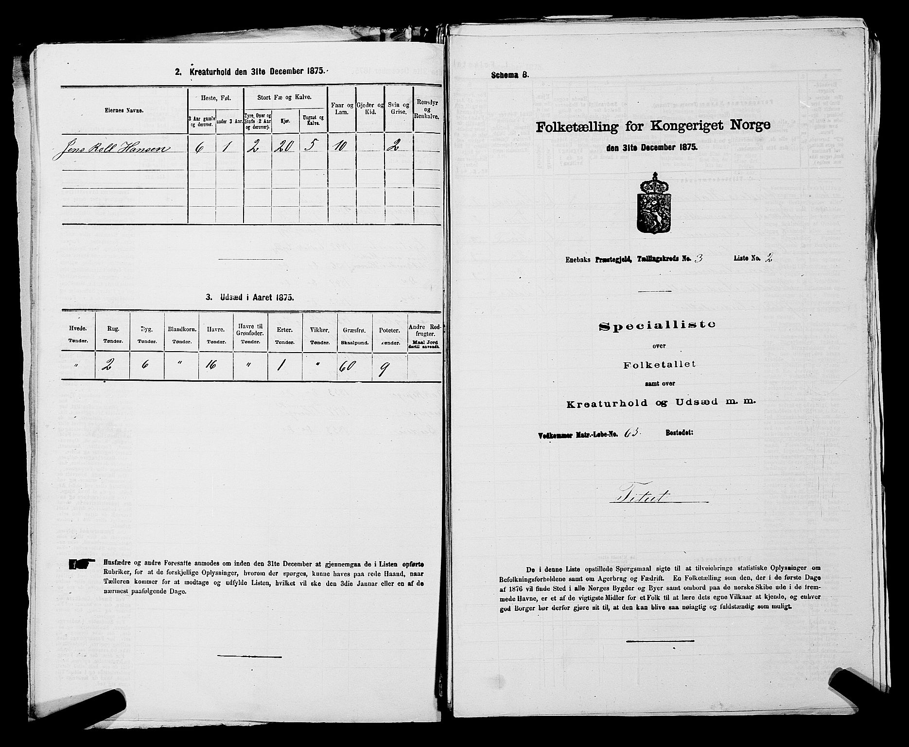 RA, 1875 census for 0229P Enebakk, 1875, p. 431