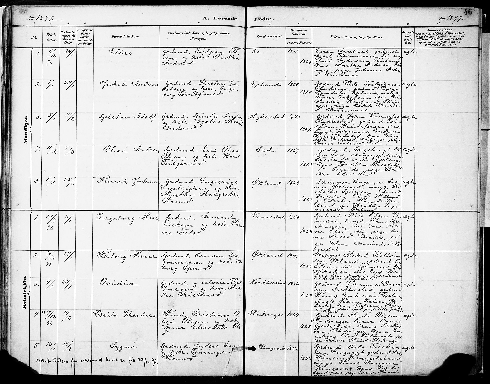 Tysnes sokneprestembete, SAB/A-78601/H/Haa: Parish register (official) no. D 1, 1887-1904, p. 46