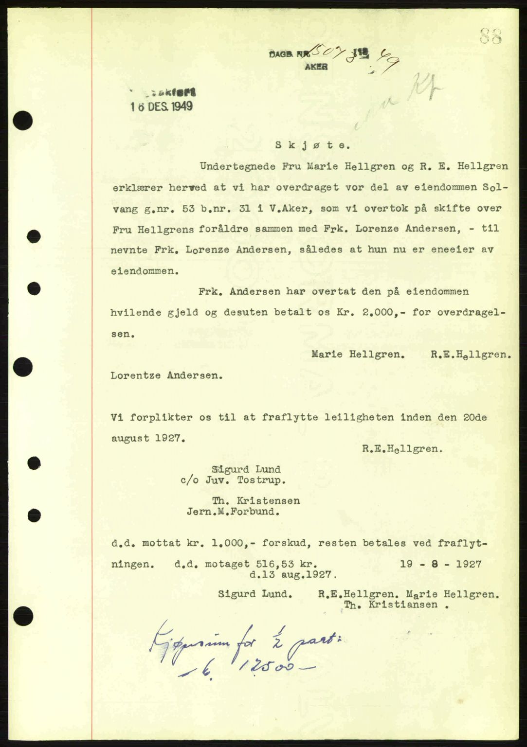 Oslo byskriverembete, AV/SAO-A-10227/G/Gb/Gbd/Gbda/L0017: Mortgage book no. A215, 1949-1950, Diary no: : 15073/1949