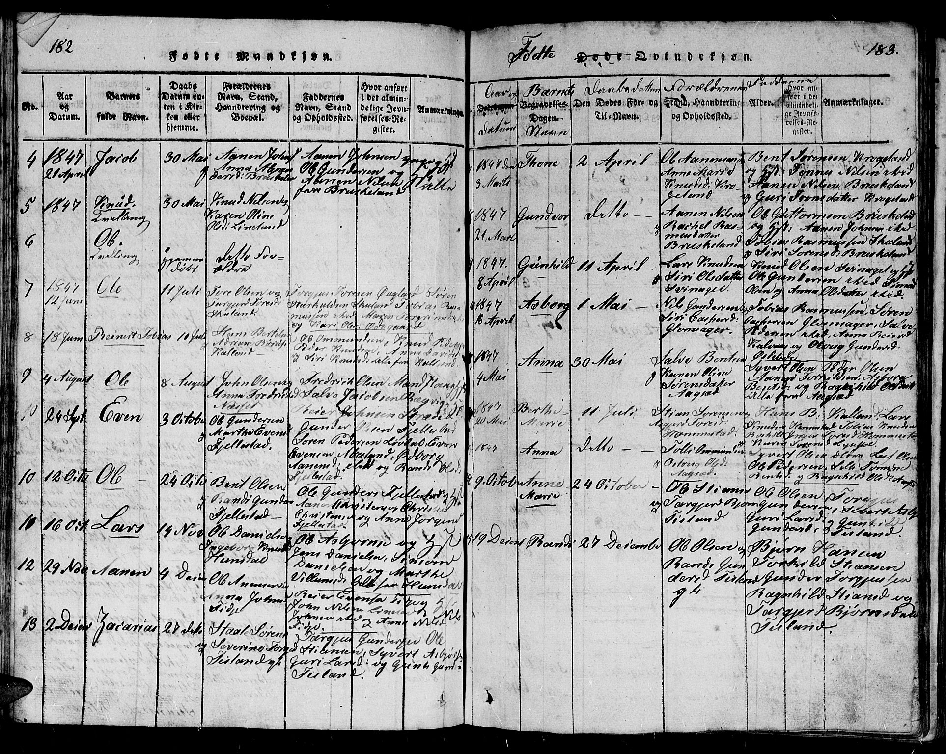 Holum sokneprestkontor, AV/SAK-1111-0022/F/Fb/Fbb/L0001: Parish register (copy) no. B 1, 1820-1847, p. 182-183