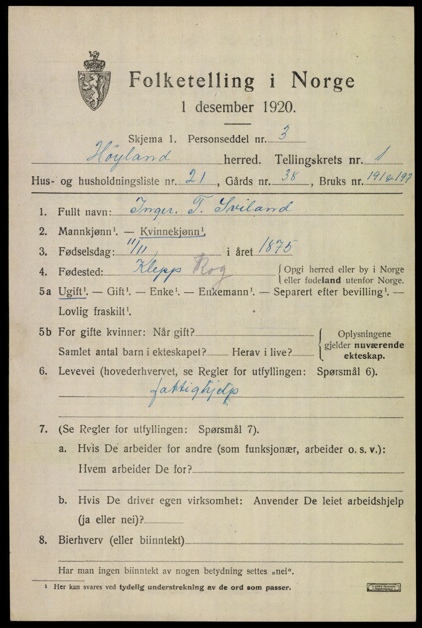 SAST, 1920 census for Høyland, 1920, p. 2670