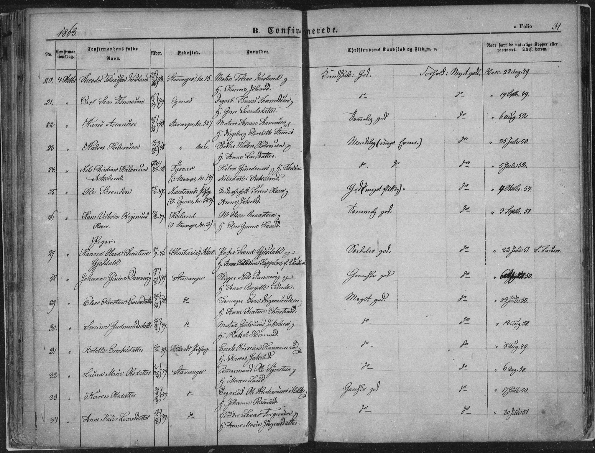 Domkirken sokneprestkontor, AV/SAST-A-101812/001/30/30BA/L0018: Parish register (official) no. A 17, 1857-1877, p. 31