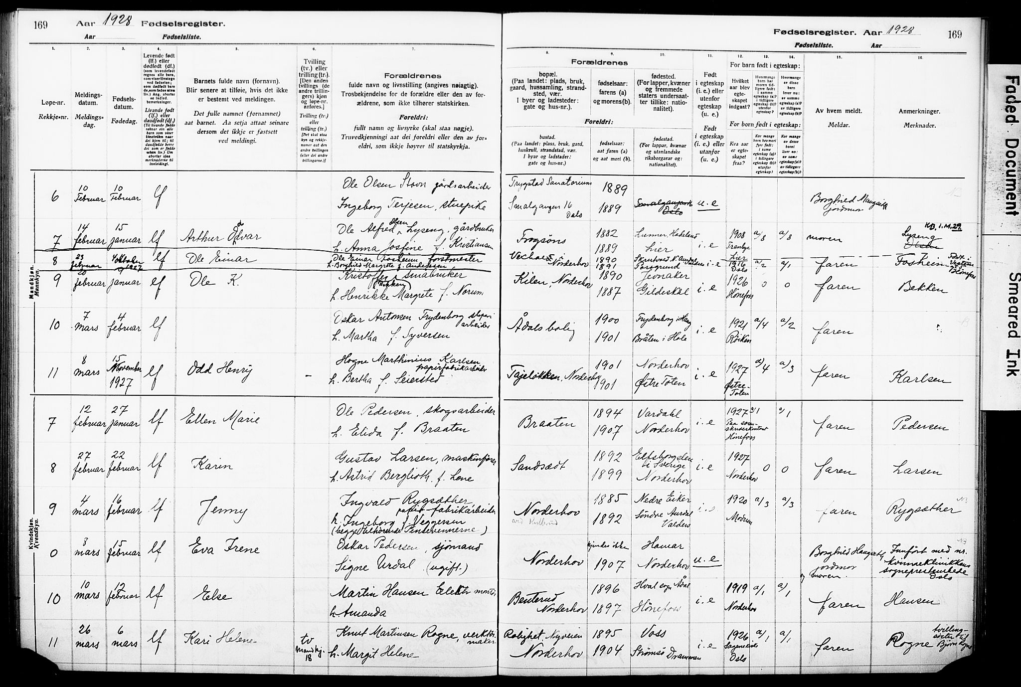 Norderhov kirkebøker, AV/SAKO-A-237/J/Ja/L0001: Birth register no. 1, 1916-1930, p. 169