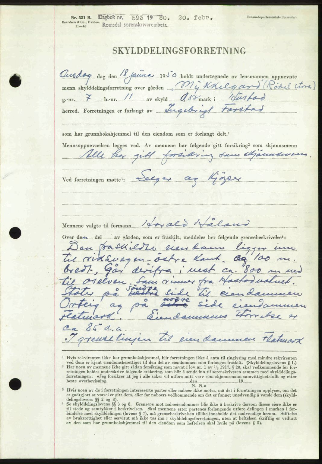 Romsdal sorenskriveri, AV/SAT-A-4149/1/2/2C: Mortgage book no. A32, 1950-1950, Diary no: : 593/1950