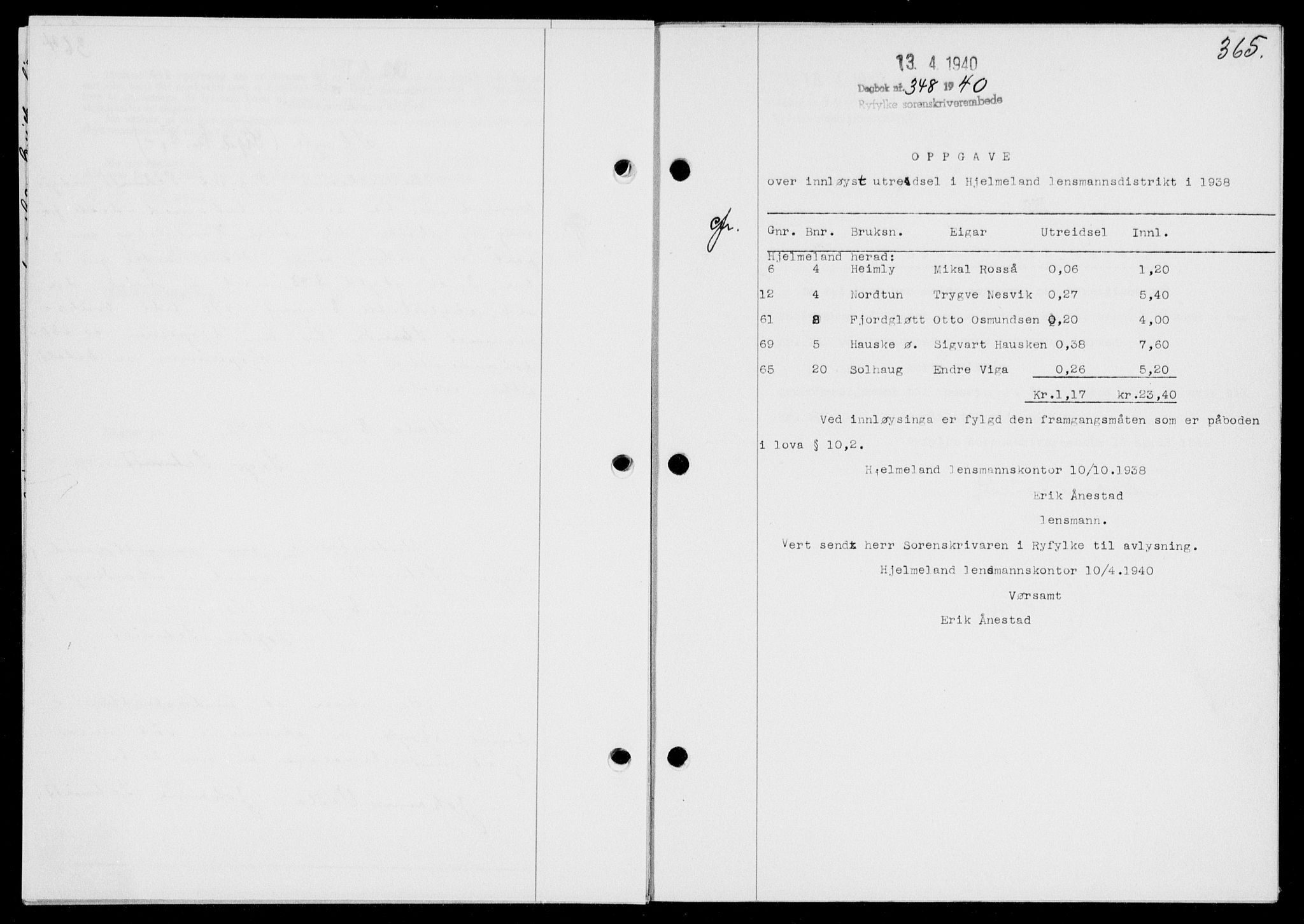 Ryfylke tingrett, SAST/A-100055/001/II/IIB/L0081: Mortgage book no. 60, 1939-1940, Diary no: : 348/1940