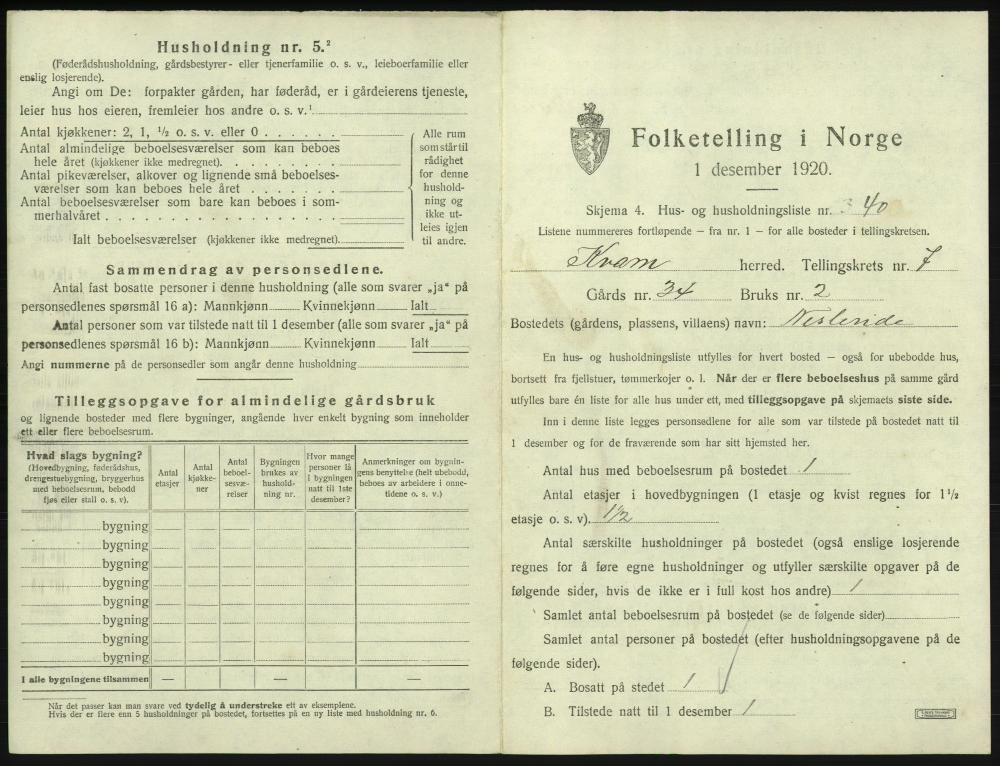 SAB, 1920 census for Kvam, 1920, p. 636