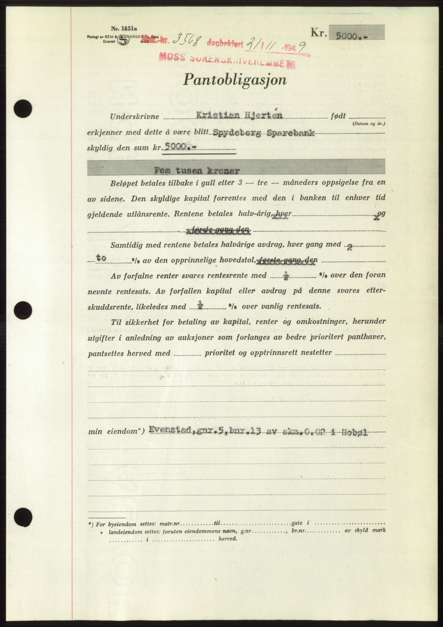 Moss sorenskriveri, SAO/A-10168: Mortgage book no. B23, 1949-1950, Diary no: : 3568/1949