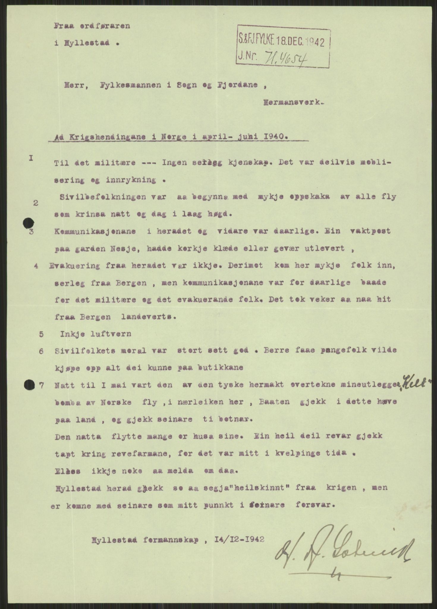 Forsvaret, Forsvarets krigshistoriske avdeling, AV/RA-RAFA-2017/Y/Ya/L0015: II-C-11-31 - Fylkesmenn.  Rapporter om krigsbegivenhetene 1940., 1940, p. 534