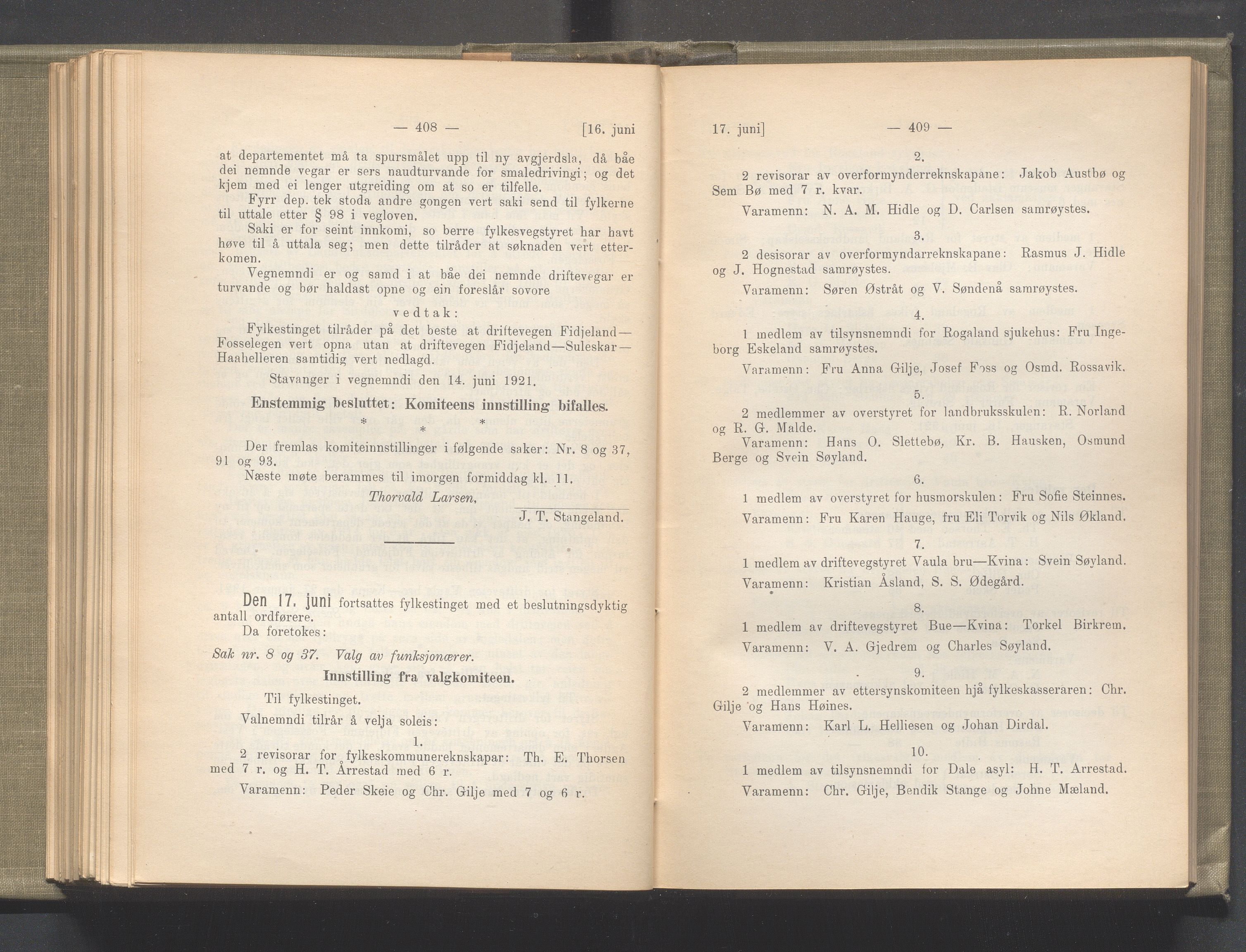 Rogaland fylkeskommune - Fylkesrådmannen , IKAR/A-900/A/Aa/Aaa/L0040: Møtebok , 1921, p. 408-409