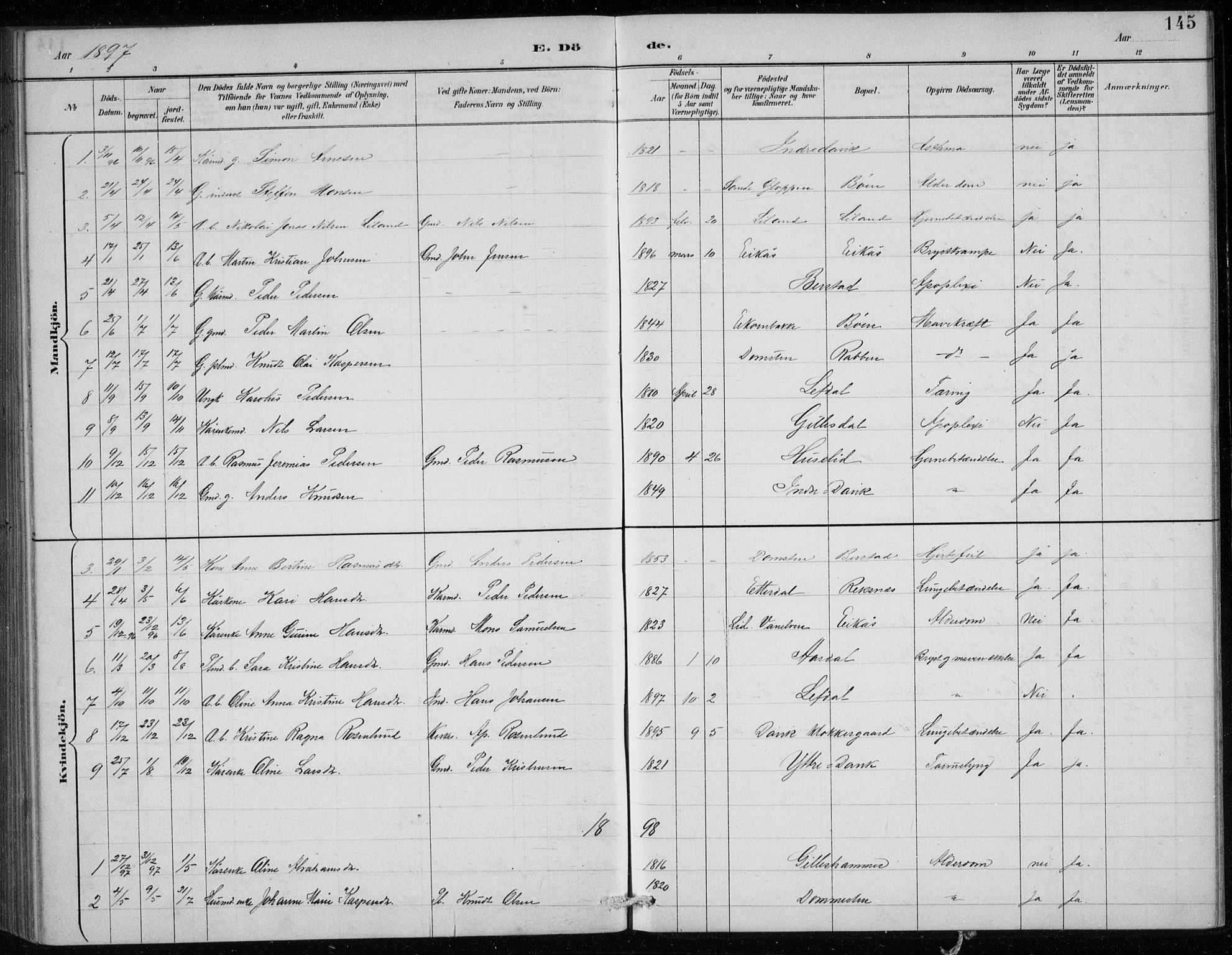 Davik sokneprestembete, AV/SAB-A-79701/H/Hab/Haba/L0002: Parish register (copy) no. A 2, 1890-1911, p. 145