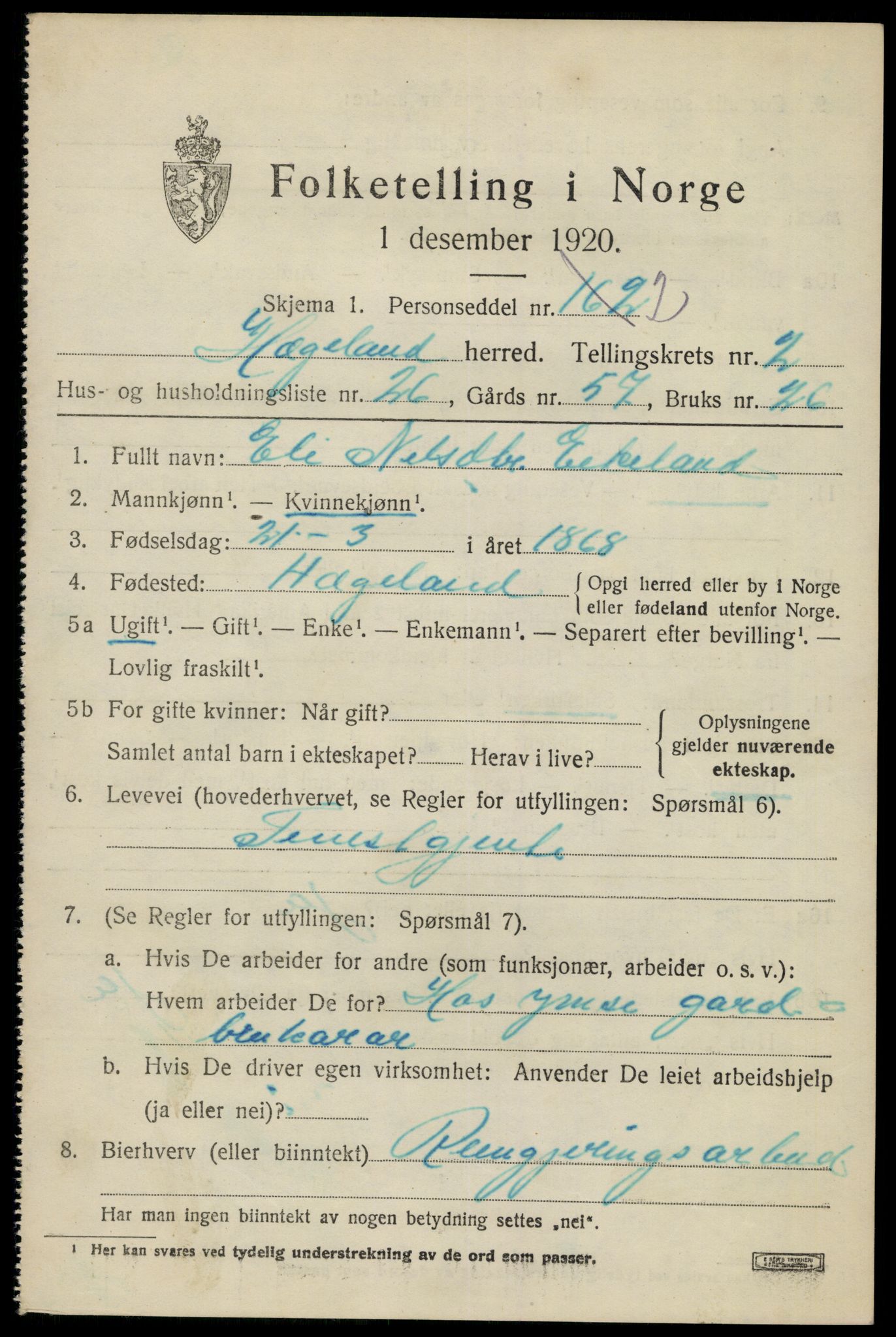 SAK, 1920 census for Hægeland, 1920, p. 933