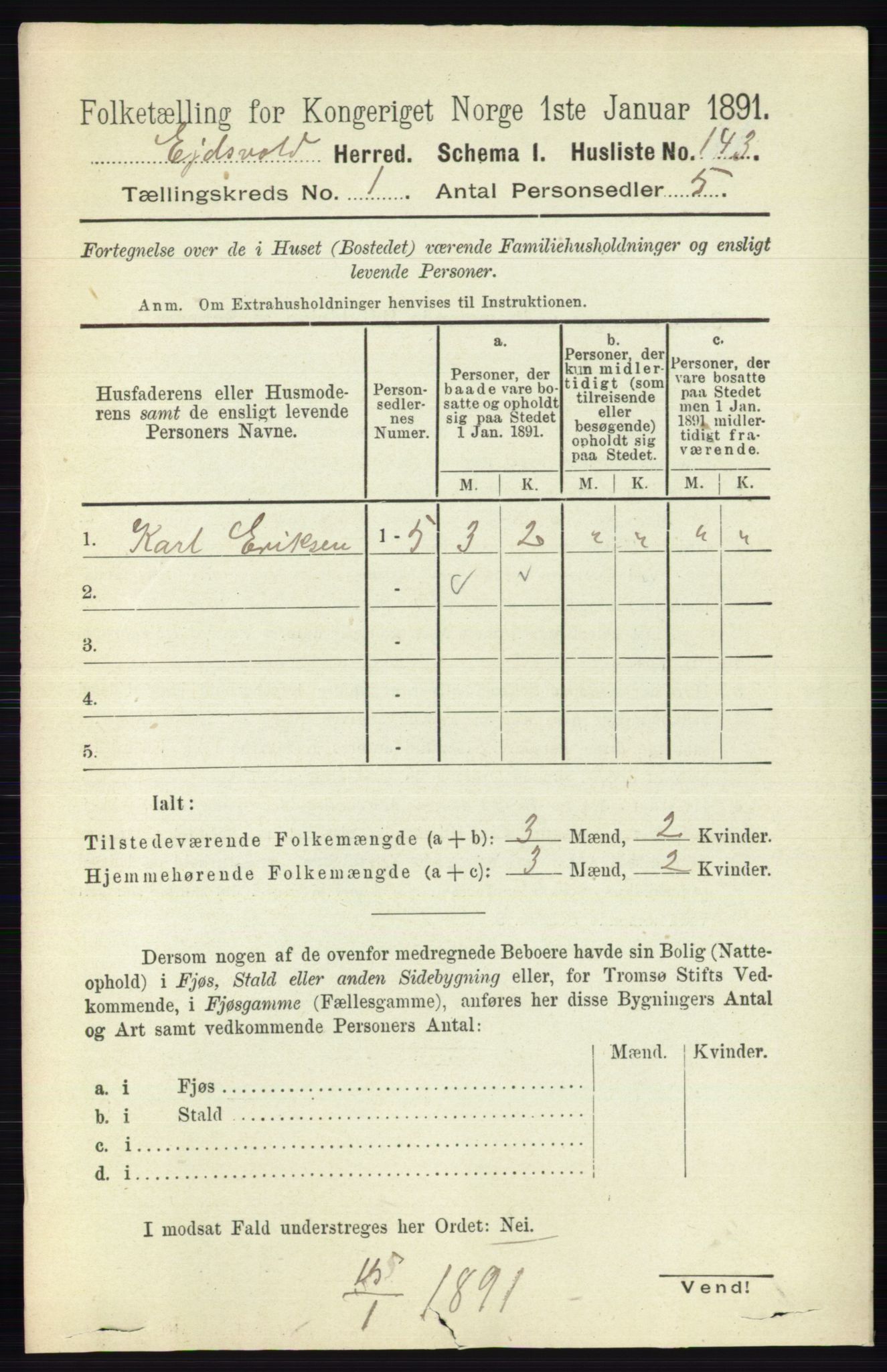 RA, 1891 census for 0237 Eidsvoll, 1891, p. 190