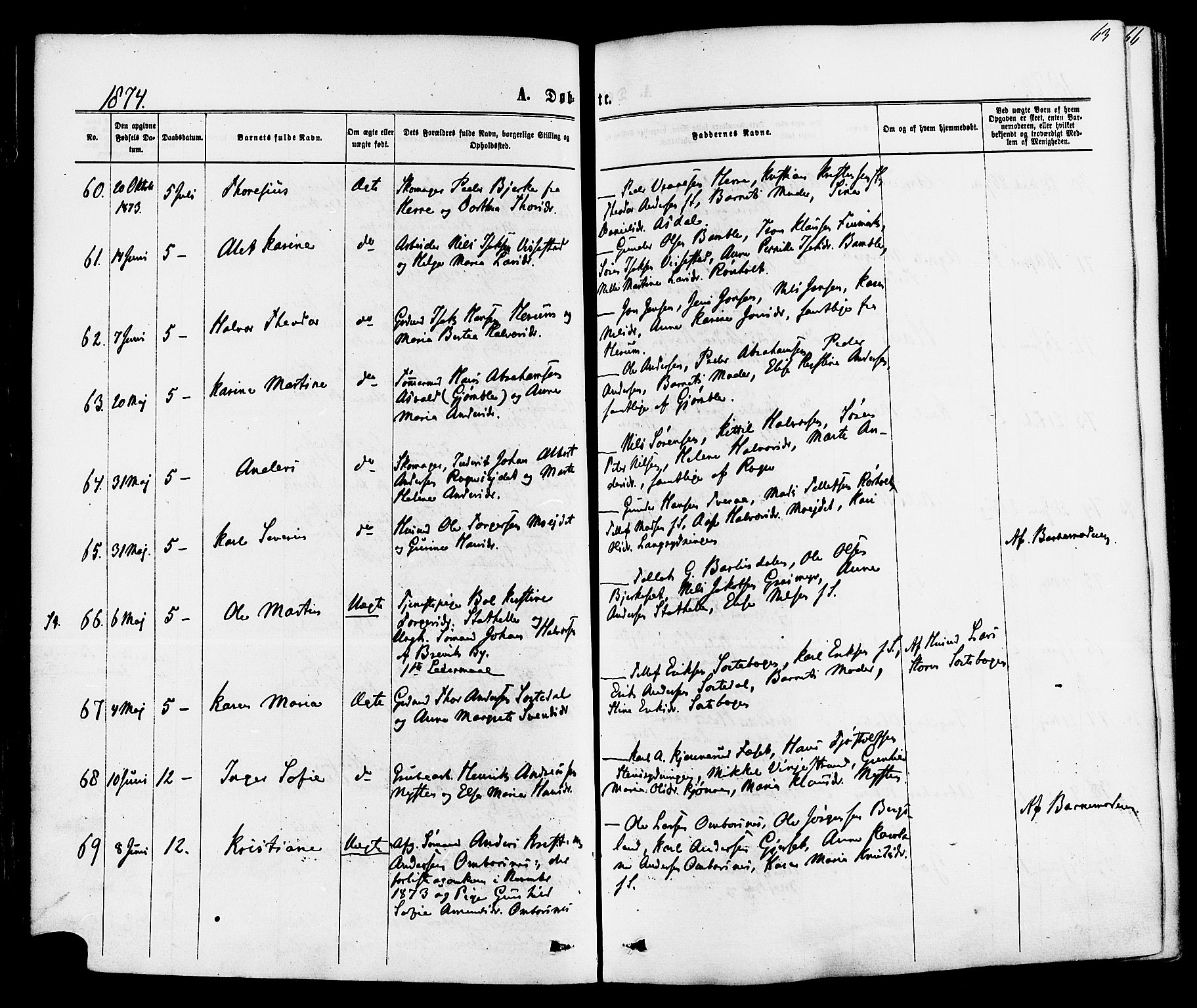 Bamble kirkebøker, SAKO/A-253/F/Fa/L0006: Parish register (official) no. I 6, 1869-1877, p. 63