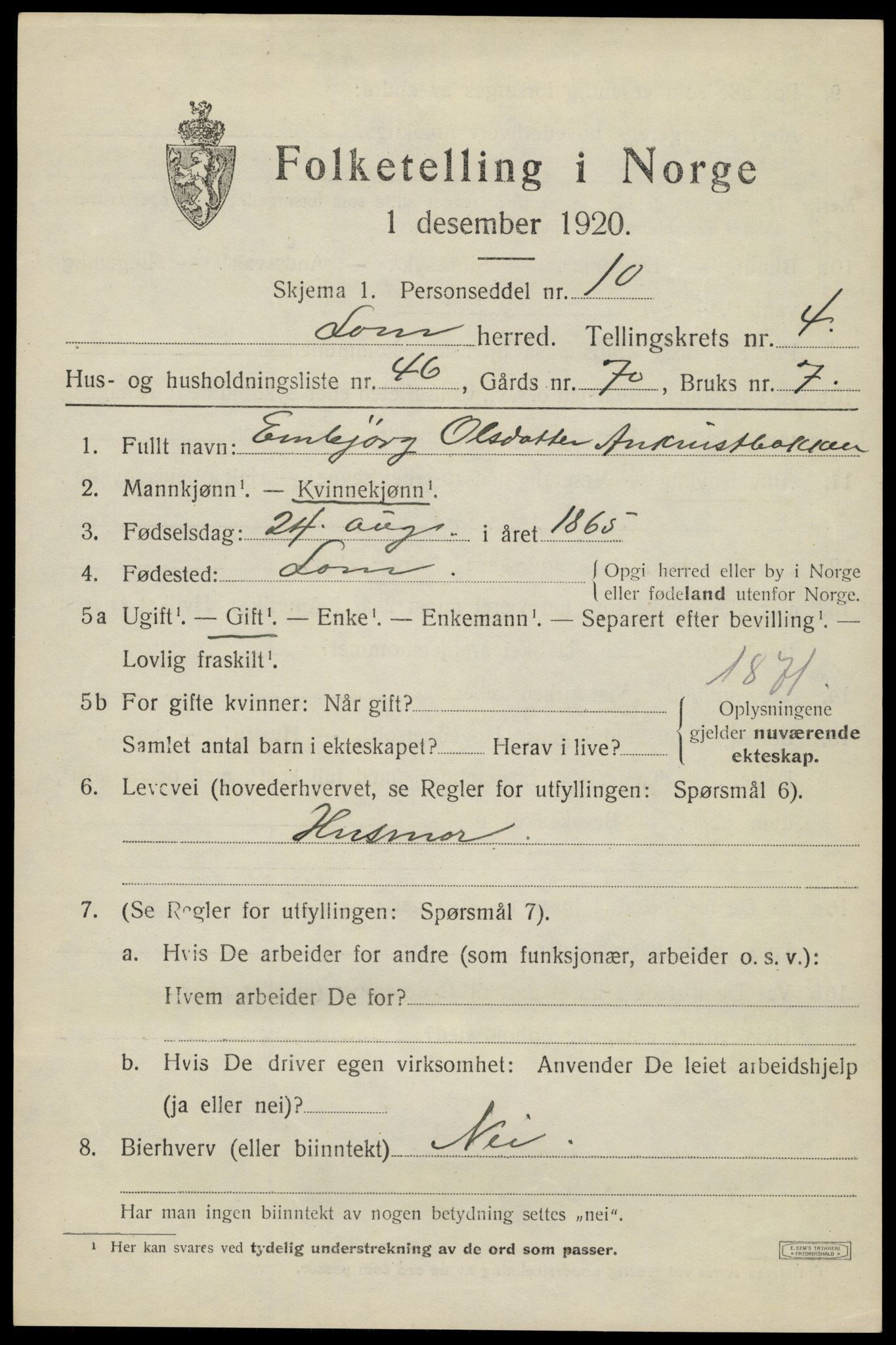 SAH, 1920 census for Lom, 1920, p. 3140