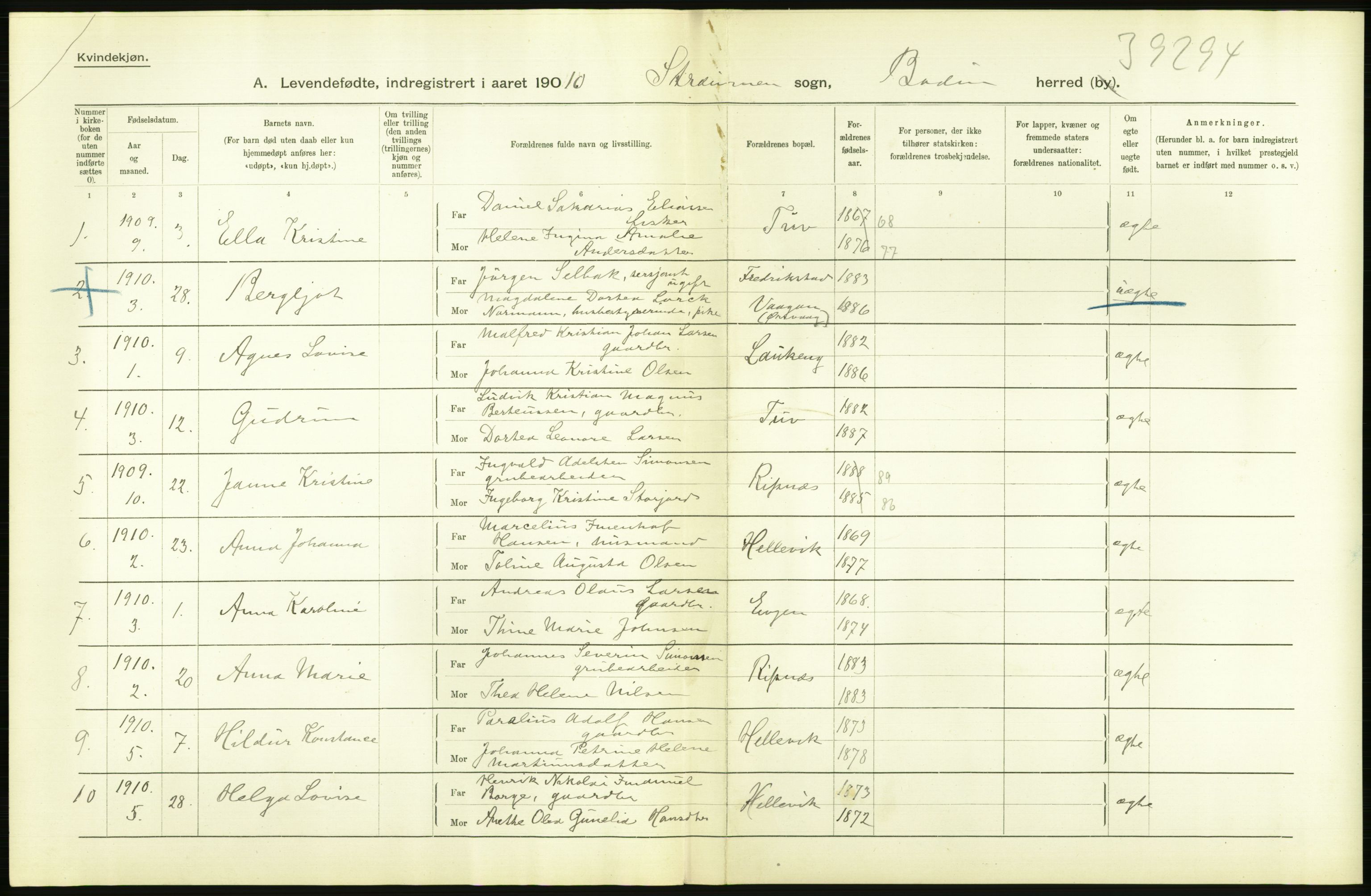 Statistisk sentralbyrå, Sosiodemografiske emner, Befolkning, AV/RA-S-2228/D/Df/Dfa/Dfah/L0040: Nordlands amt: Levendefødte menn og kvinner. Bygder., 1910, p. 36