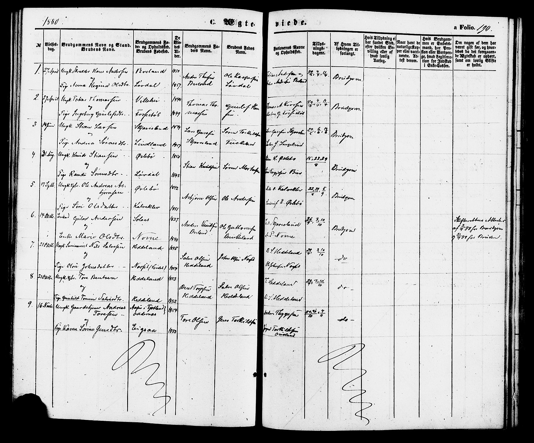 Holum sokneprestkontor, AV/SAK-1111-0022/F/Fa/Fac/L0003: Parish register (official) no. A 3, 1860-1883, p. 190