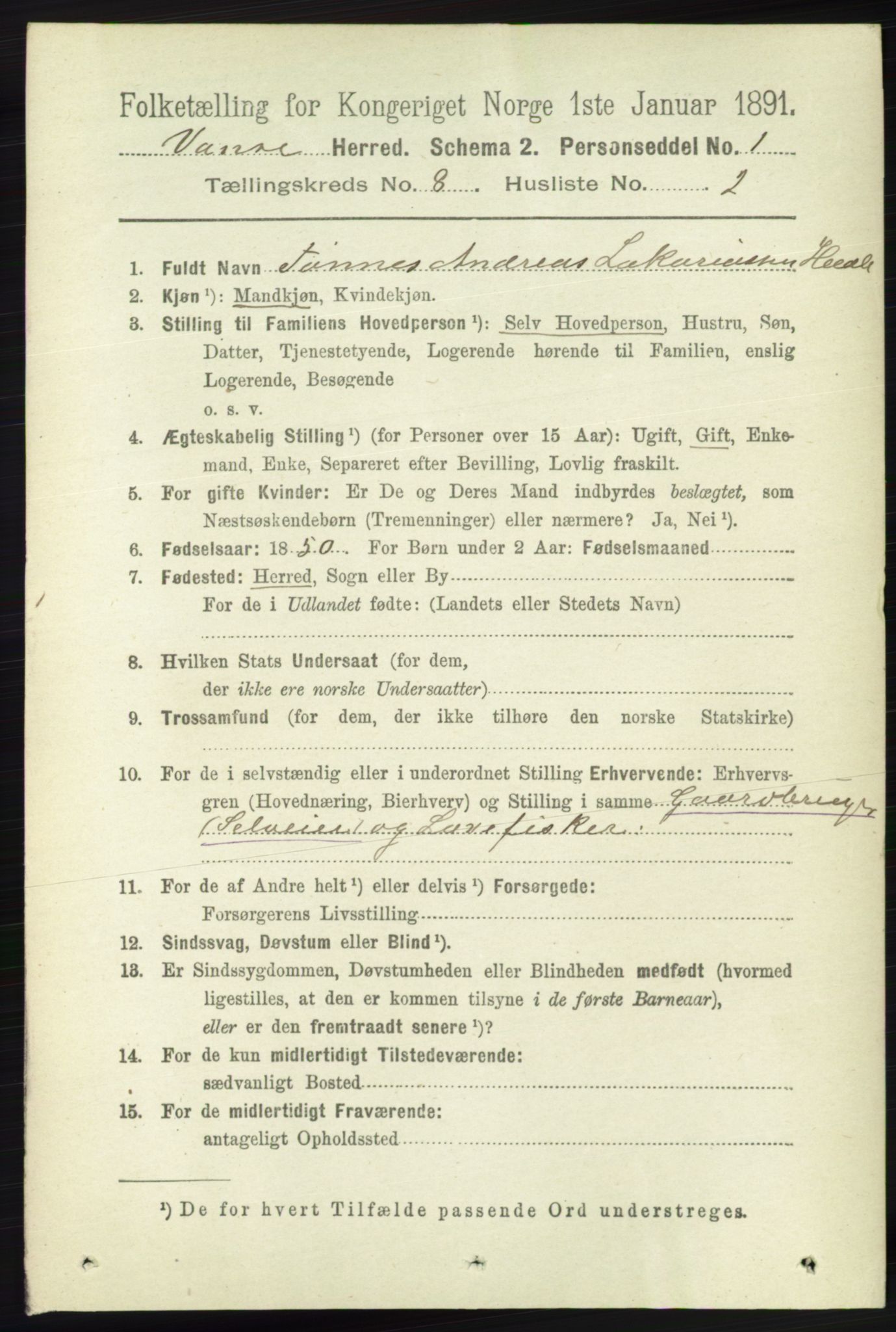 RA, 1891 census for 1041 Vanse, 1891, p. 4908