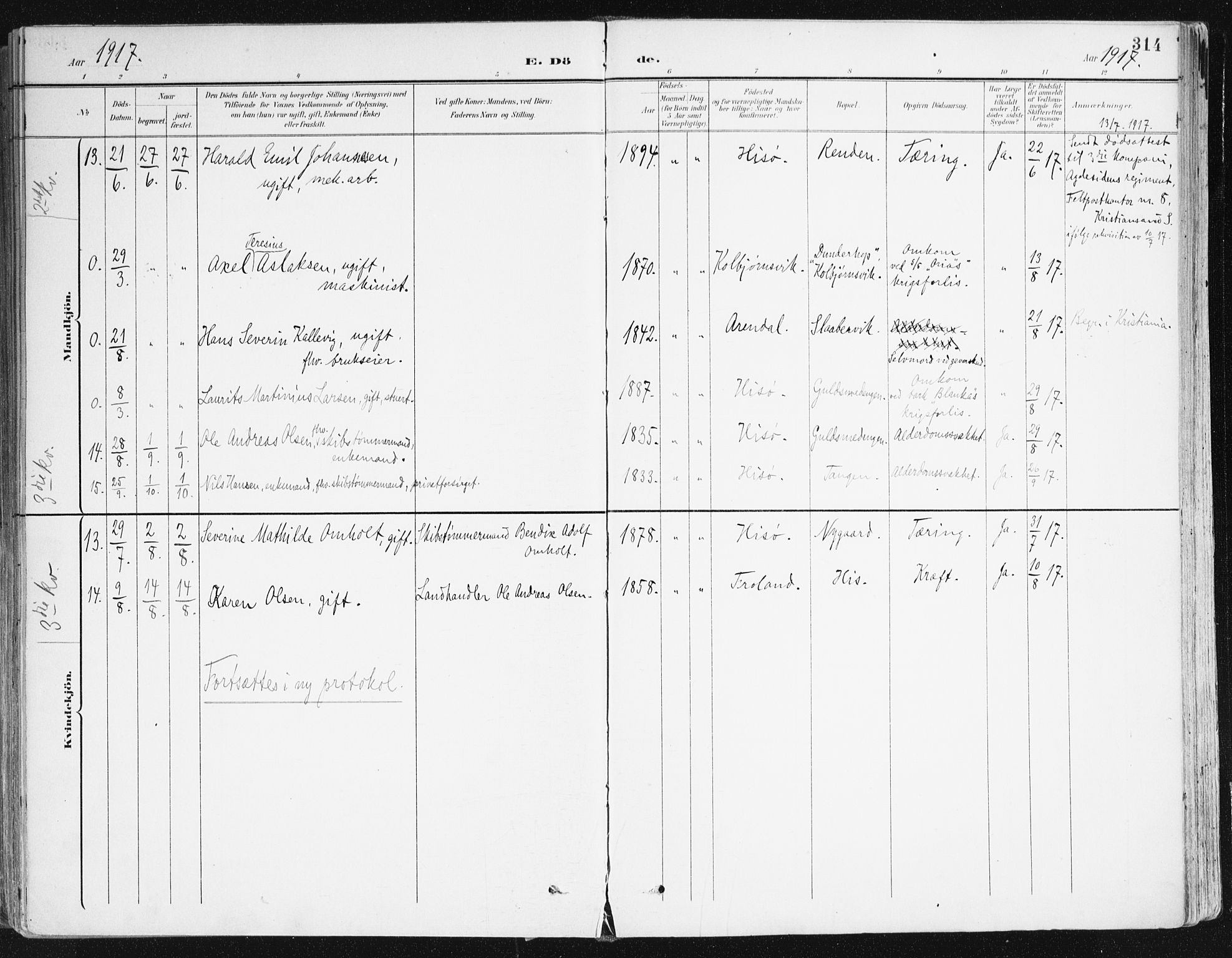 Hisøy sokneprestkontor, AV/SAK-1111-0020/F/Fa/L0004: Parish register (official) no. A 4, 1895-1917, p. 314