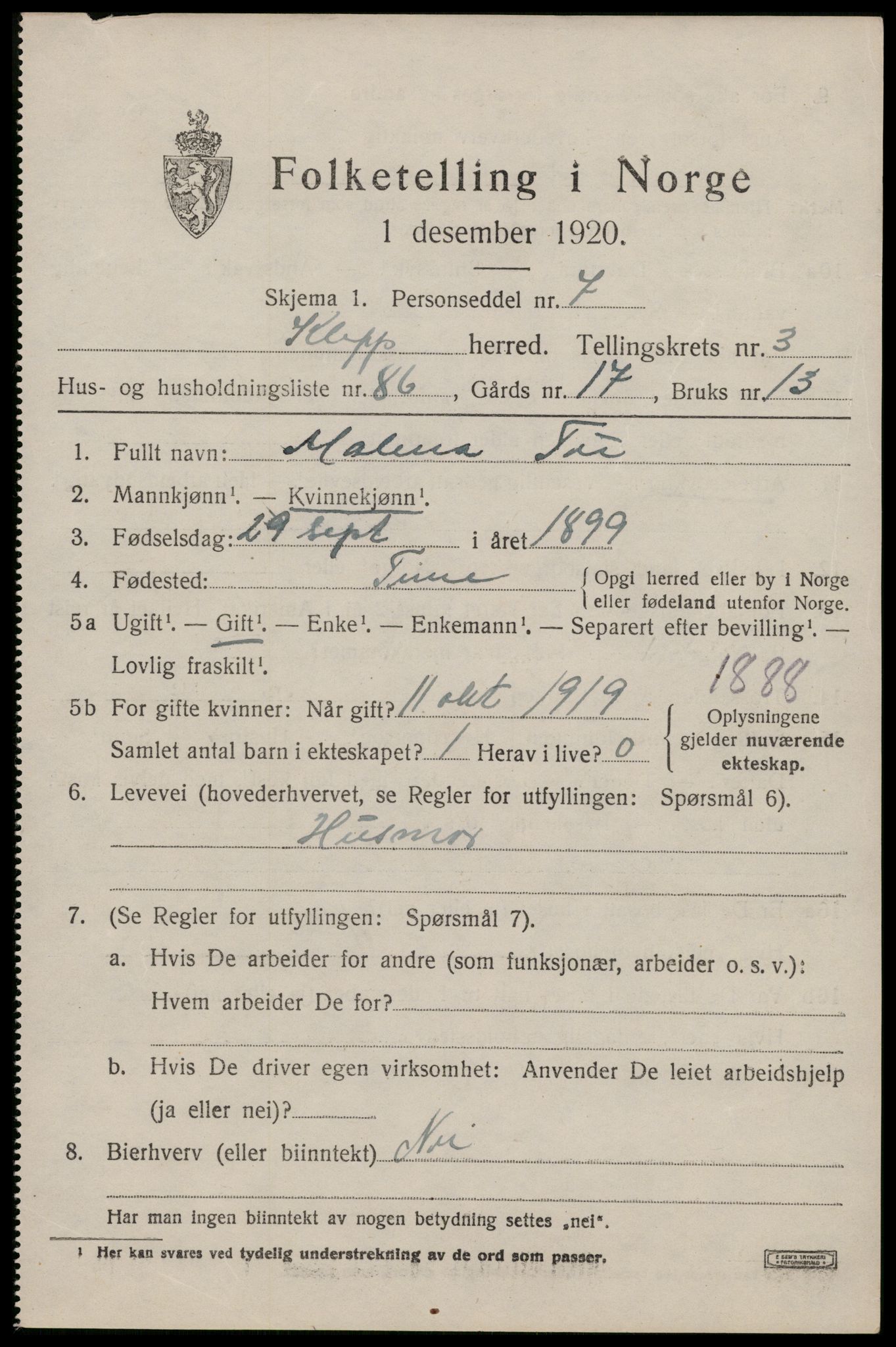 SAST, 1920 census for Klepp, 1920, p. 4292