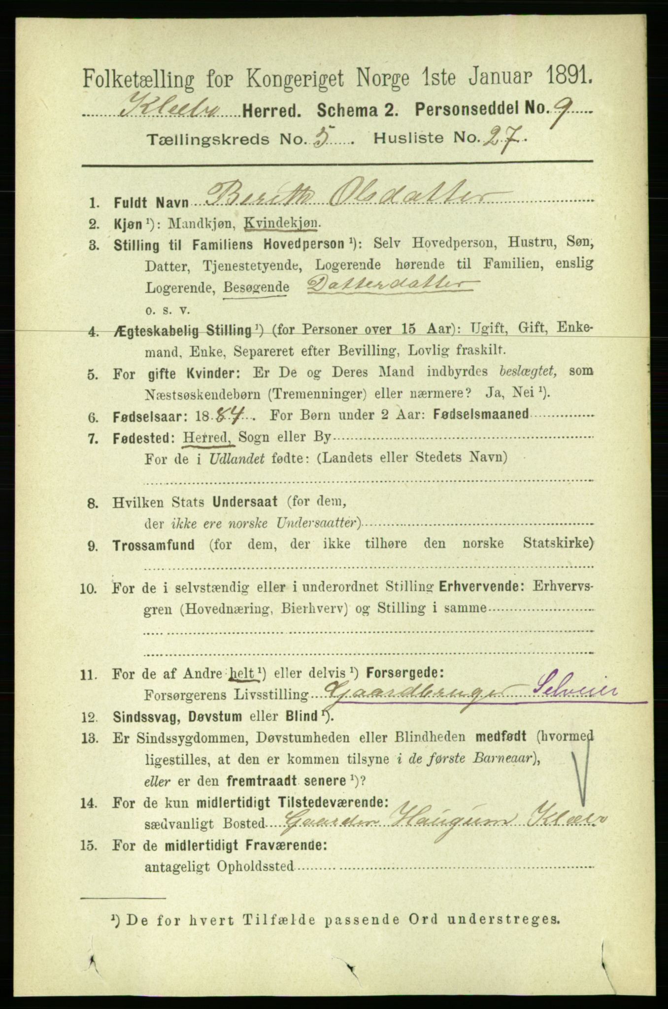 RA, 1891 census for 1662 Klæbu, 1891, p. 1199