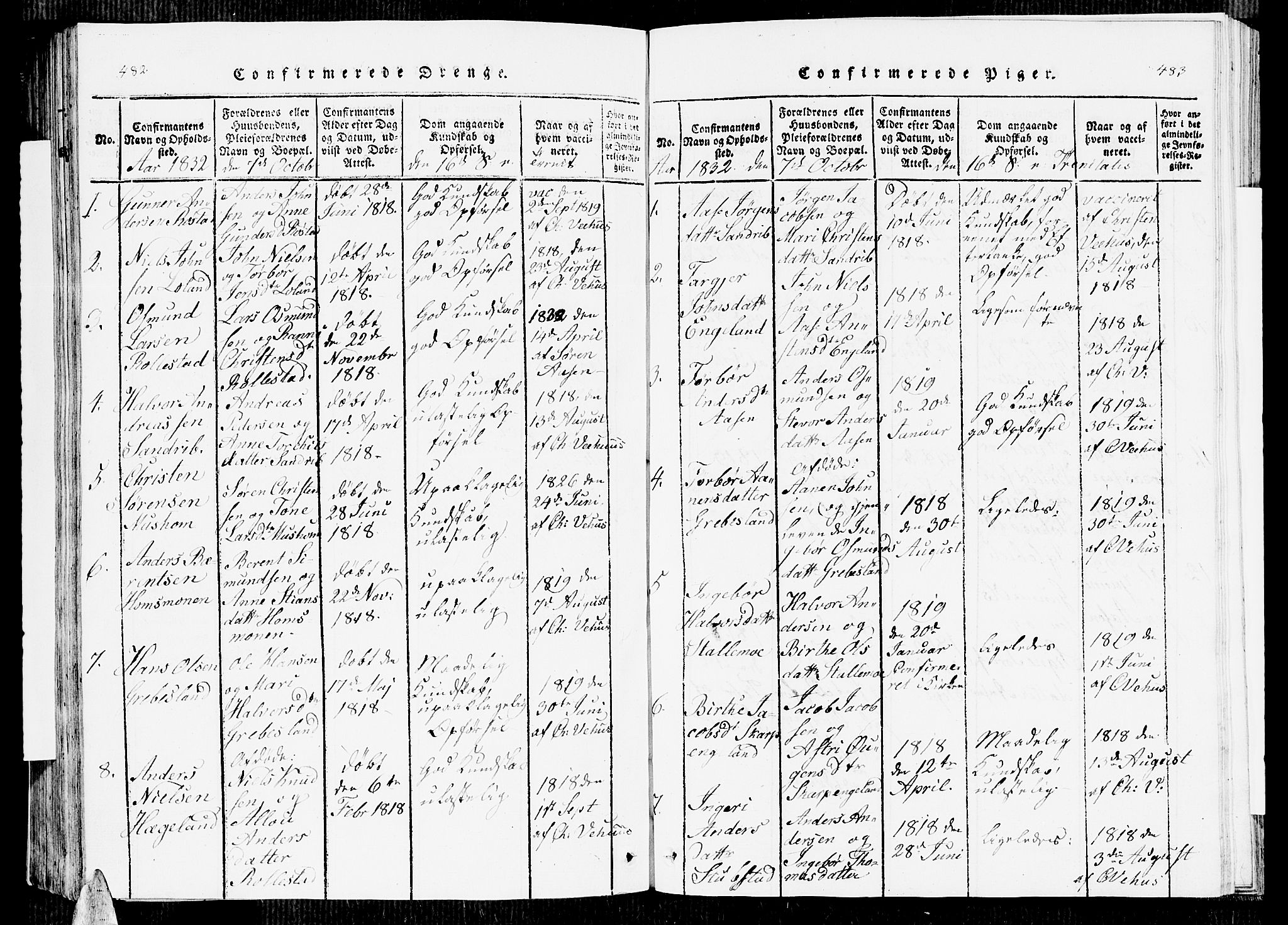 Vennesla sokneprestkontor, AV/SAK-1111-0045/Fb/Fbc/L0001: Parish register (copy) no. B 1, 1820-1834, p. 482-483