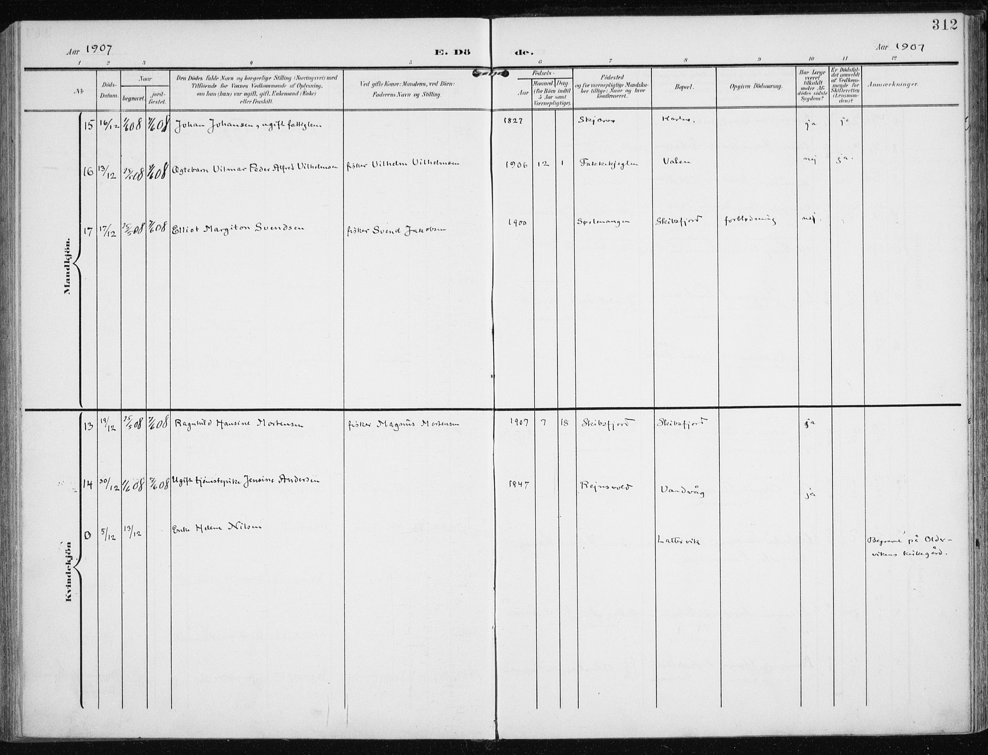 Karlsøy sokneprestembete, AV/SATØ-S-1299/H/Ha/Haa/L0014kirke: Parish register (official) no. 14, 1903-1917, p. 312