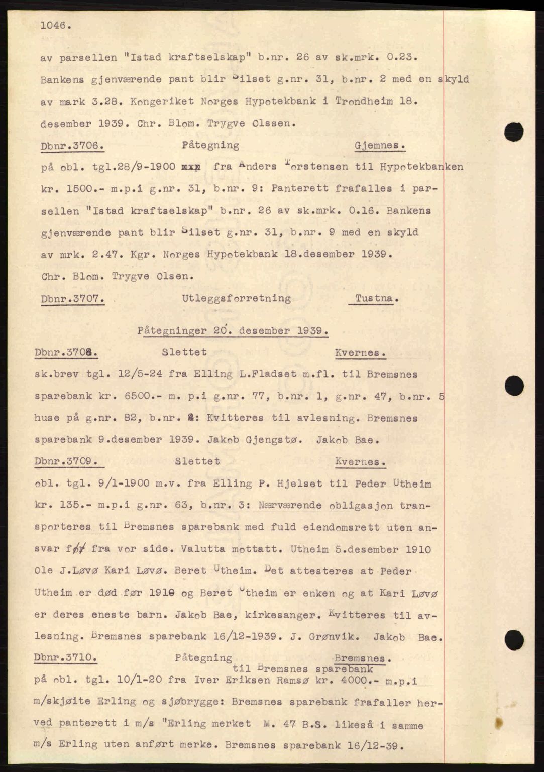 Nordmøre sorenskriveri, AV/SAT-A-4132/1/2/2Ca: Mortgage book no. C80, 1936-1939, Diary no: : 3706/1939