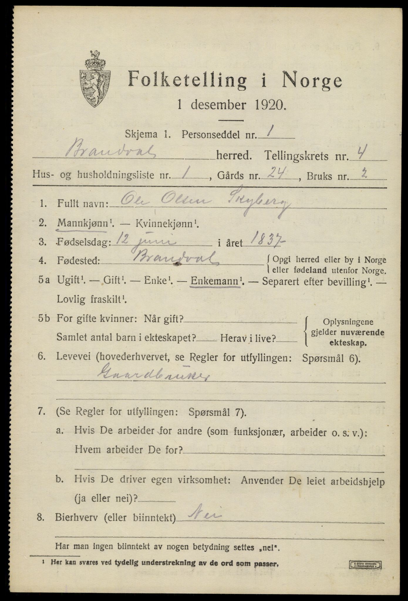 SAH, 1920 census for Brandval, 1920, p. 3762