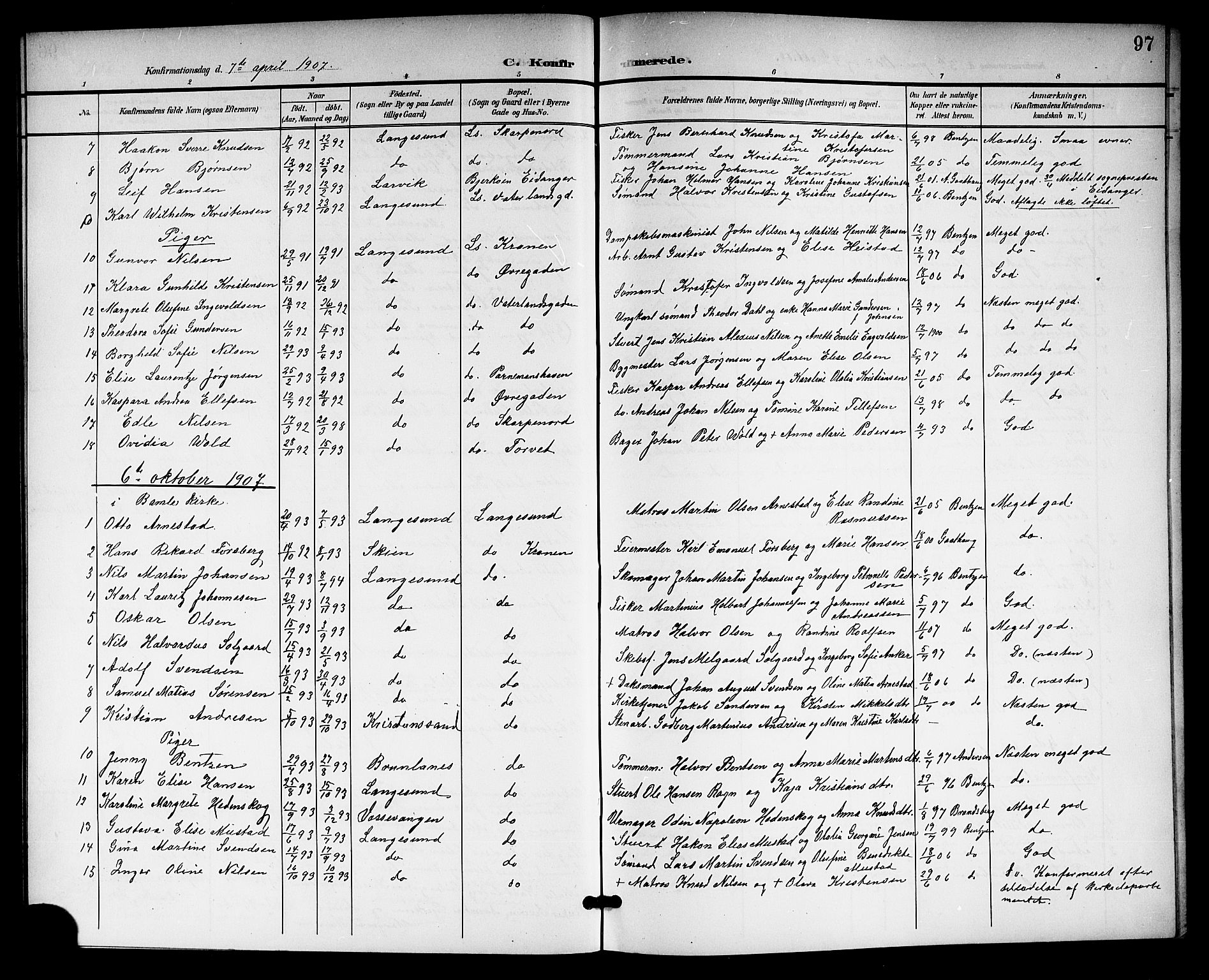 Langesund kirkebøker, SAKO/A-280/G/Ga/L0006: Parish register (copy) no. 6, 1899-1918, p. 97