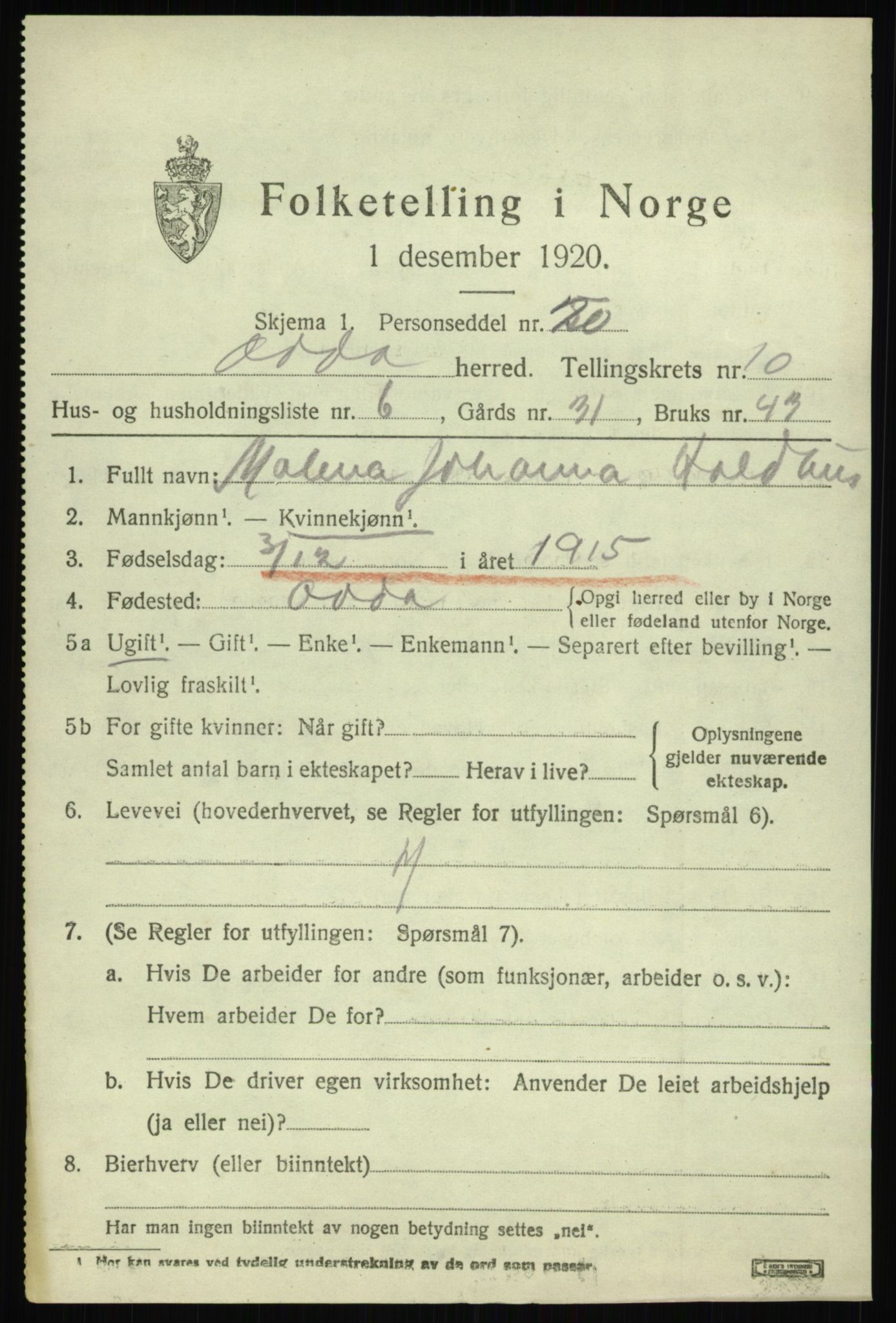 SAB, 1920 census for Odda, 1920, p. 9675