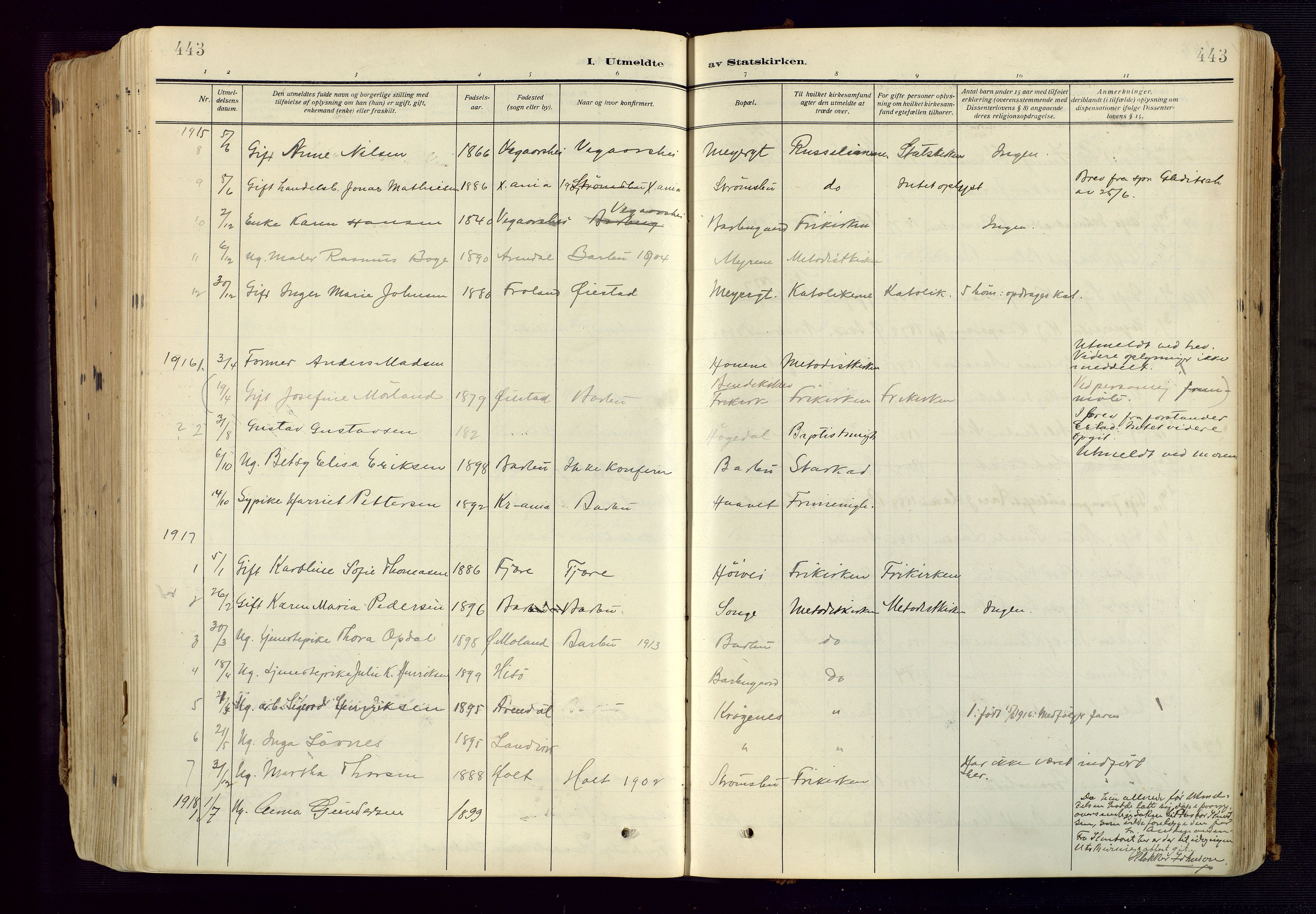 Barbu sokneprestkontor, AV/SAK-1111-0003/F/Fa/L0006: Parish register (official) no. A 6, 1910-1929, p. 443