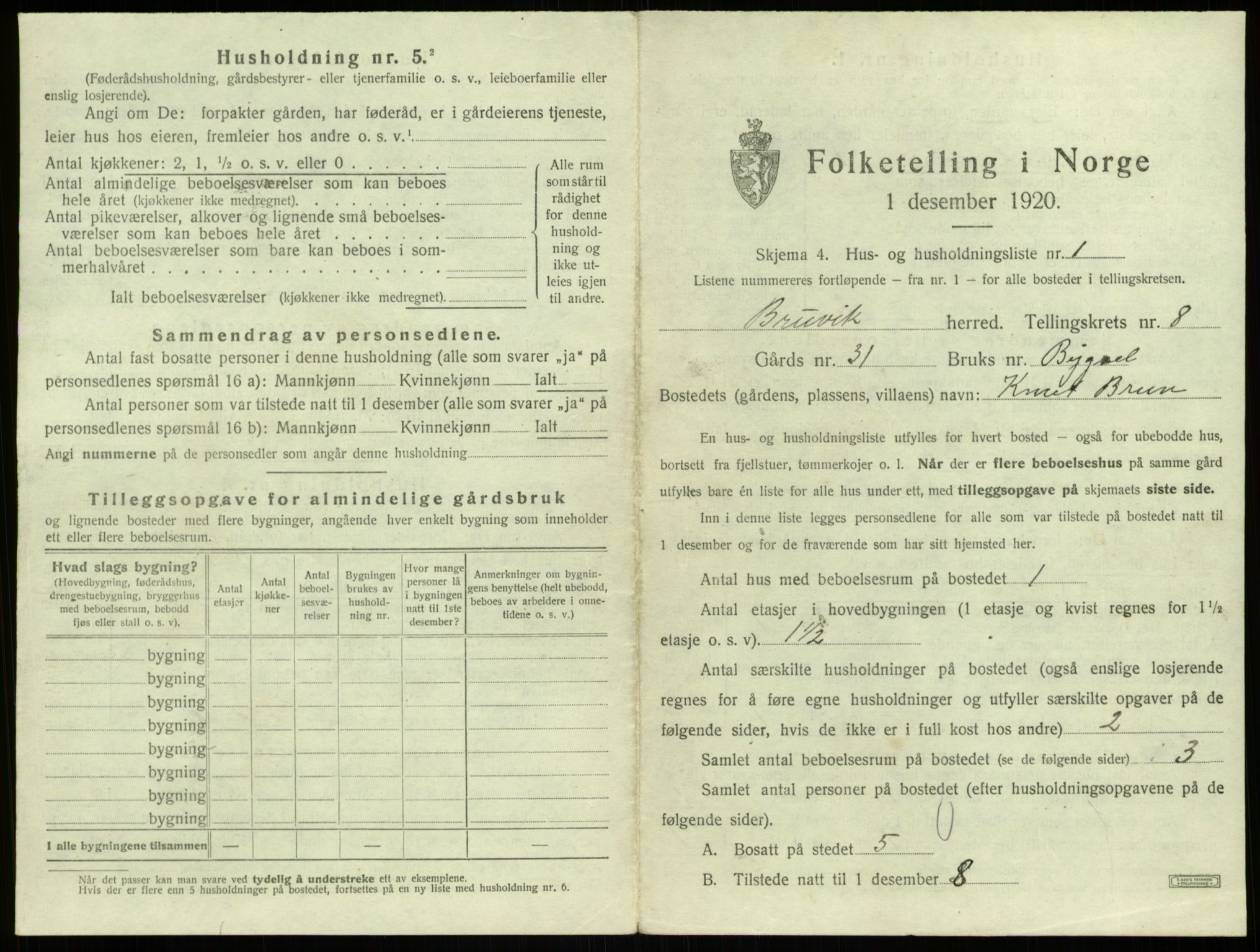 SAB, 1920 census for Bruvik, 1920, p. 544