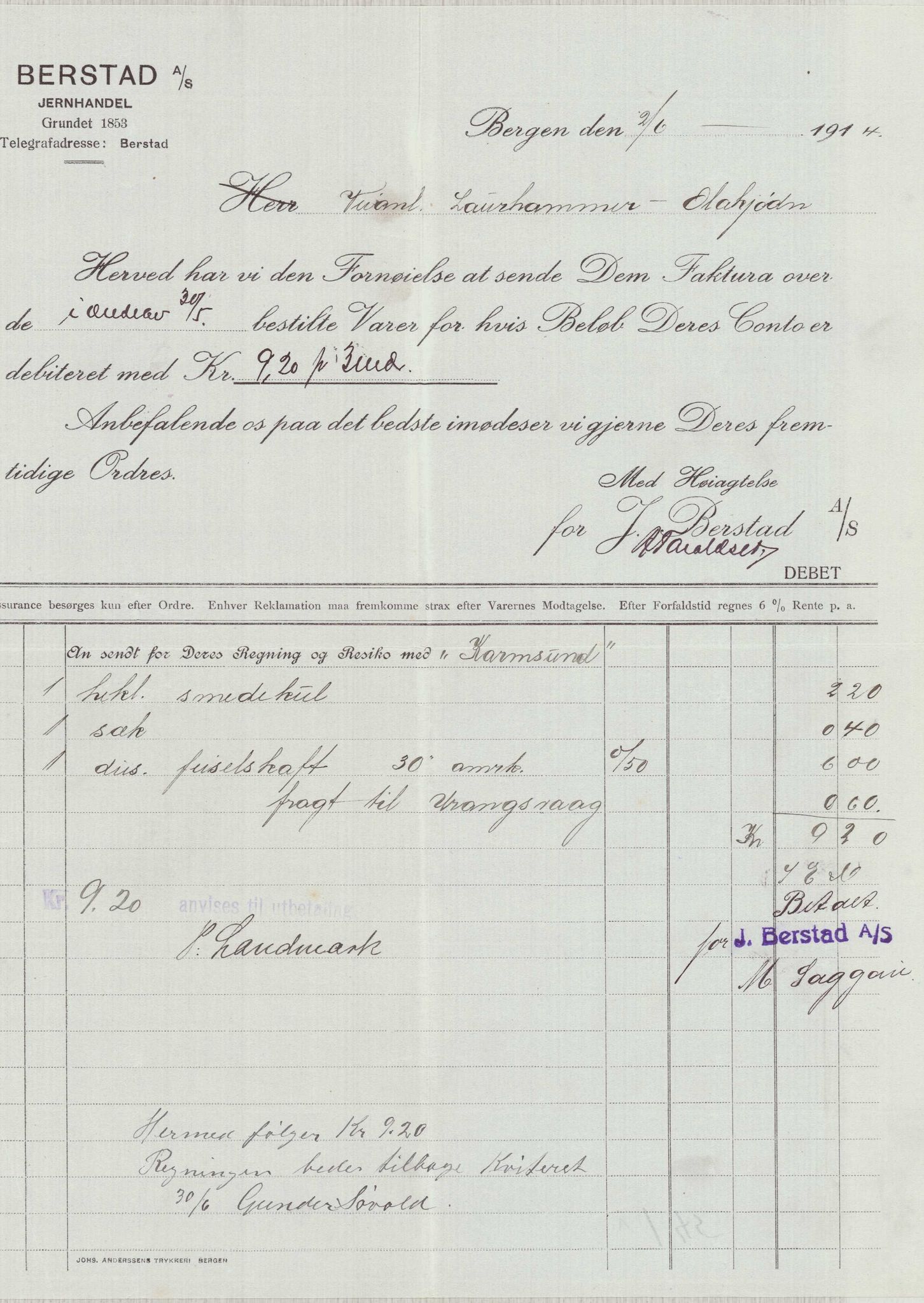 Finnaas kommune. Formannskapet, IKAH/1218a-021/E/Ea/L0001/0004: Rekneskap for veganlegg / Rekneskap for veganlegget Laurhammer - Olakjødn, 1913-1916, p. 27