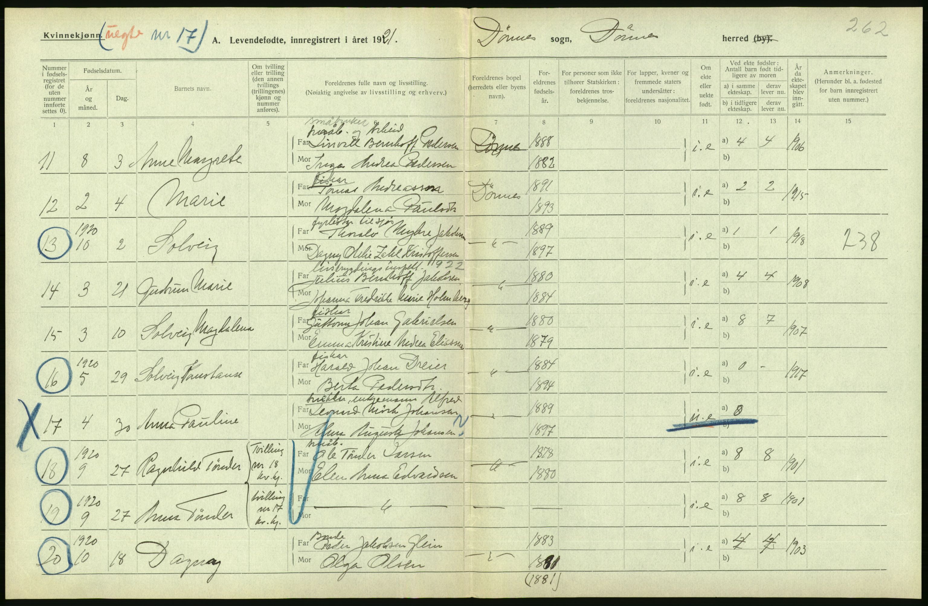 Statistisk sentralbyrå, Sosiodemografiske emner, Befolkning, AV/RA-S-2228/D/Df/Dfc/Dfca/L0049: Nordland fylke: Levendefødte menn og kvinner. Bygder., 1921, p. 96