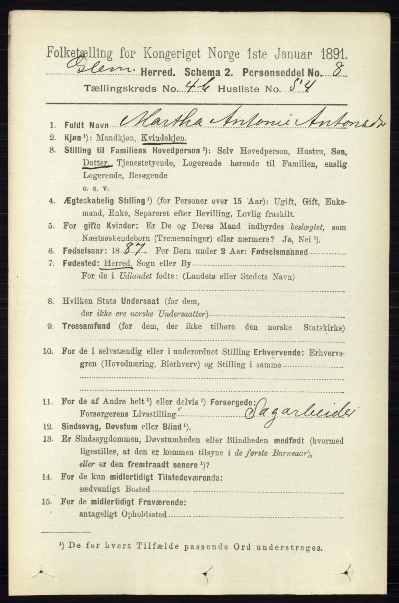 RA, 1891 census for 0132 Glemmen, 1891, p. 5446